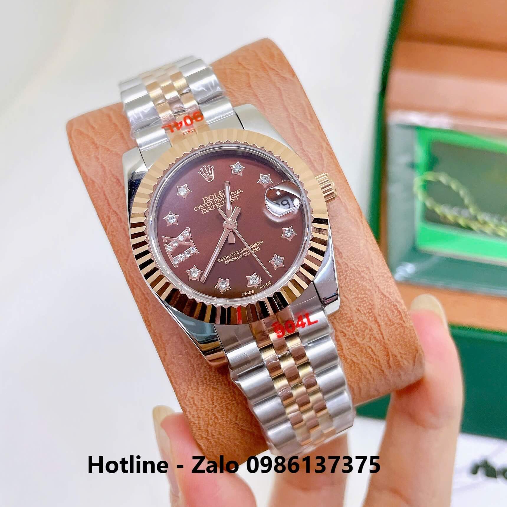 Đồng Hồ Rolex Datejust Nữ Máy Pin Dây Kim Loại Demi Rose Mặt Nâu Niềng Khía Size 31mm - Đính Ngôi Sao