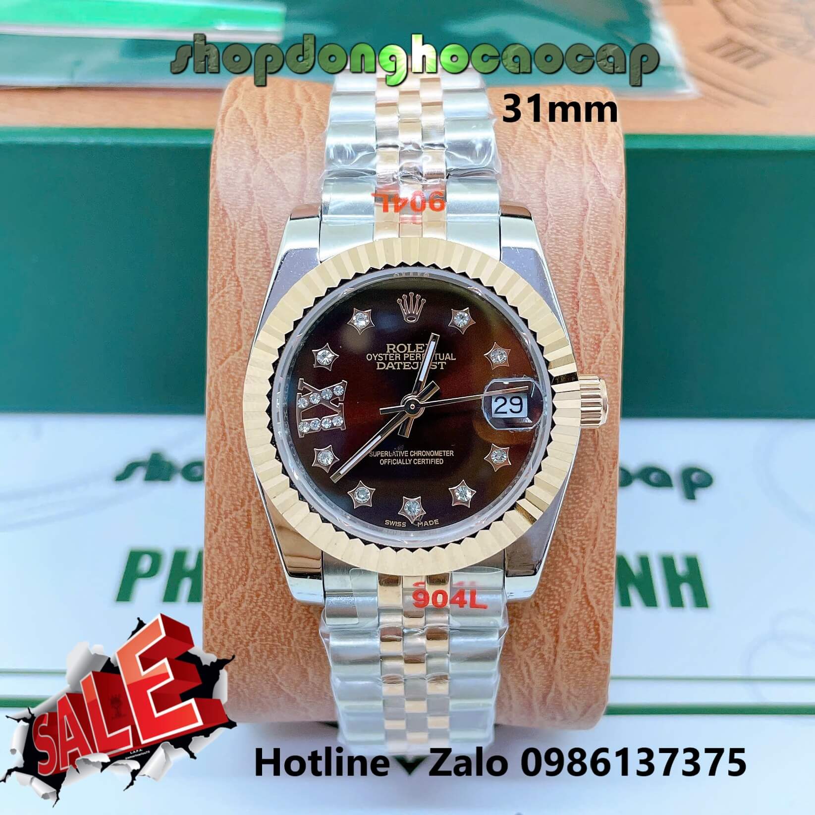 Đồng Hồ Rolex Datejust Nữ Máy Pin Dây Kim Loại Demi Rose Mặt Nâu Niềng Khía Size 31mm - Đính Ngôi Sao
