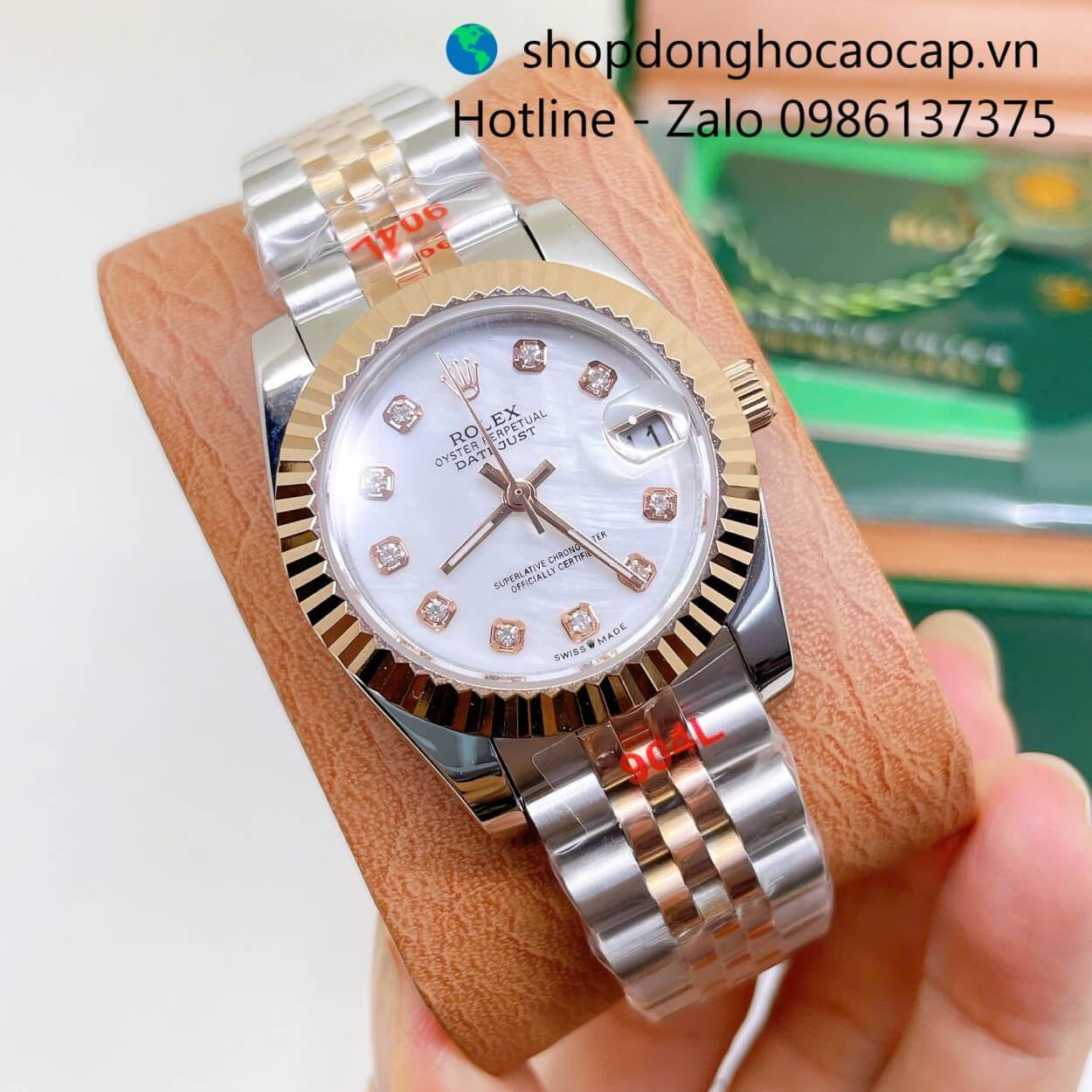 Đồng Hồ Cặp Rolex Datejust Máy Pin Dây Demi Rose Mặt Trắng Xà Cừ Niềng Khía Size 41mm - 31mm