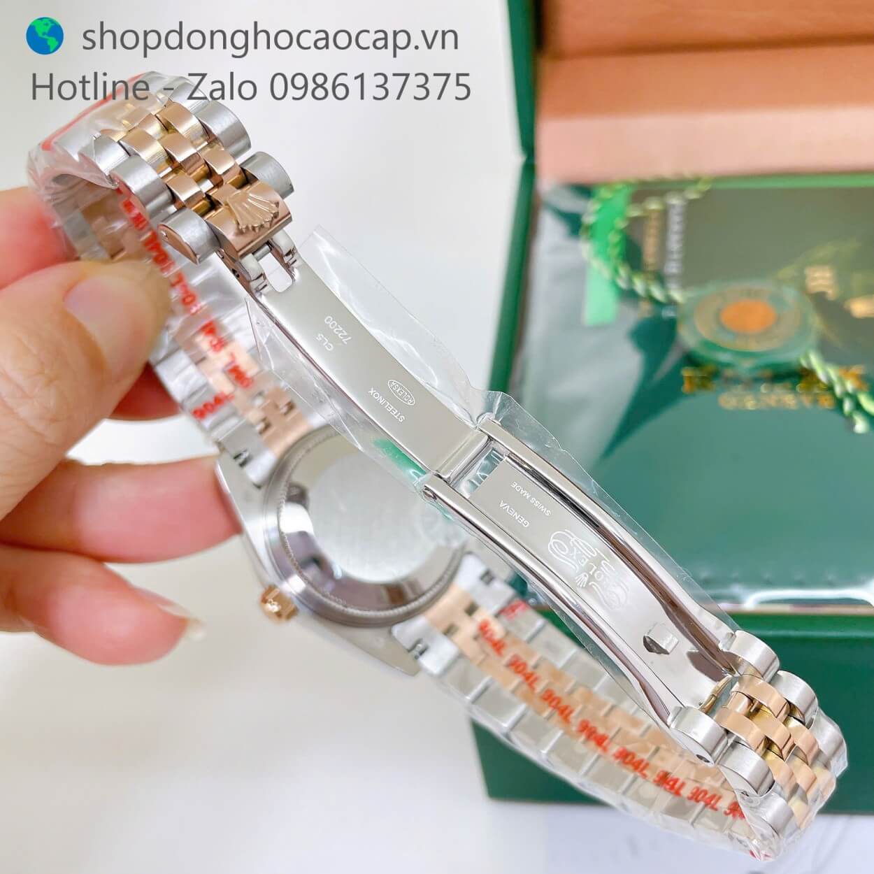 Đồng Hồ Rolex Datejust Nữ Máy Pin Dây Kim Loại Demi Rose Mặt Trắng Xà Cừ Niềng Khía Size 31mm