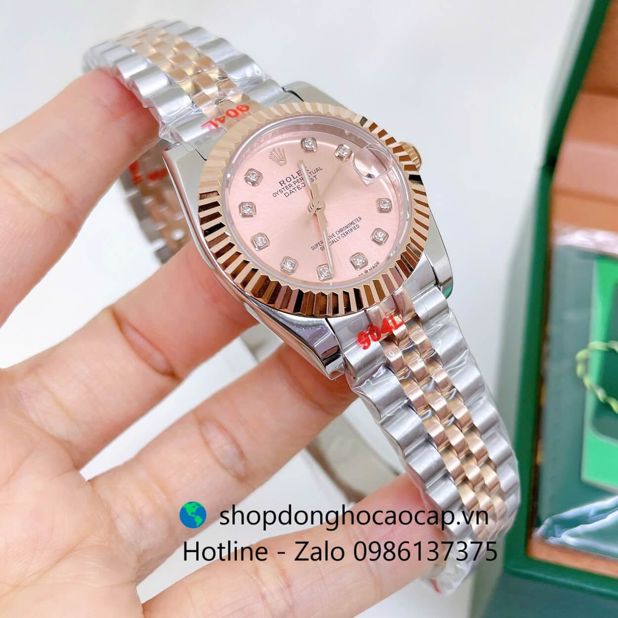 Đồng Hồ Rolex Datejust Nữ Máy Pin Dây Kim Loại Demi Rose Niềng Khía Size 31mm