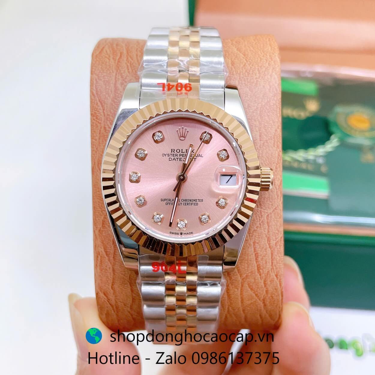 Đồng Hồ Rolex Datejust Nữ Máy Pin Dây Kim Loại Demi Rose Niềng Khía Size 31mm