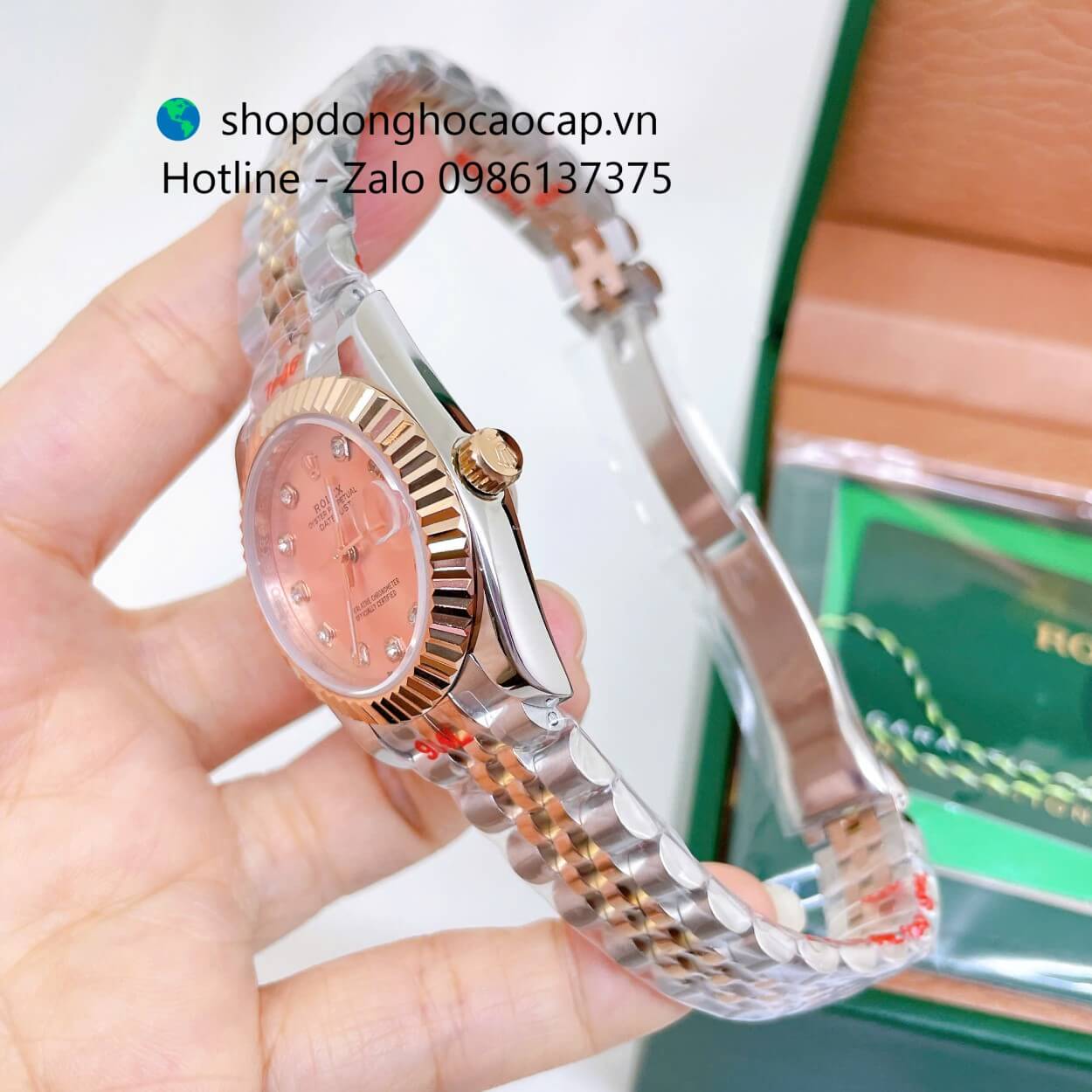Đồng Hồ Rolex Datejust Nữ Máy Pin Dây Kim Loại Demi Rose Niềng Khía Size 31mm