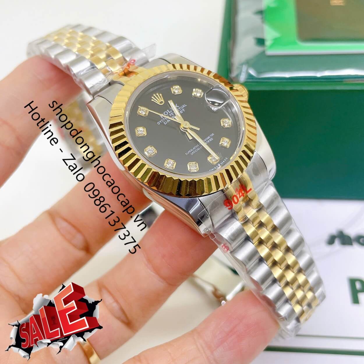 Đồng Hồ Rolex Datejust Nữ Máy Pin Dây Kim Loại Demi Vàng Mặt Đen Niềng Khía Size 31mm