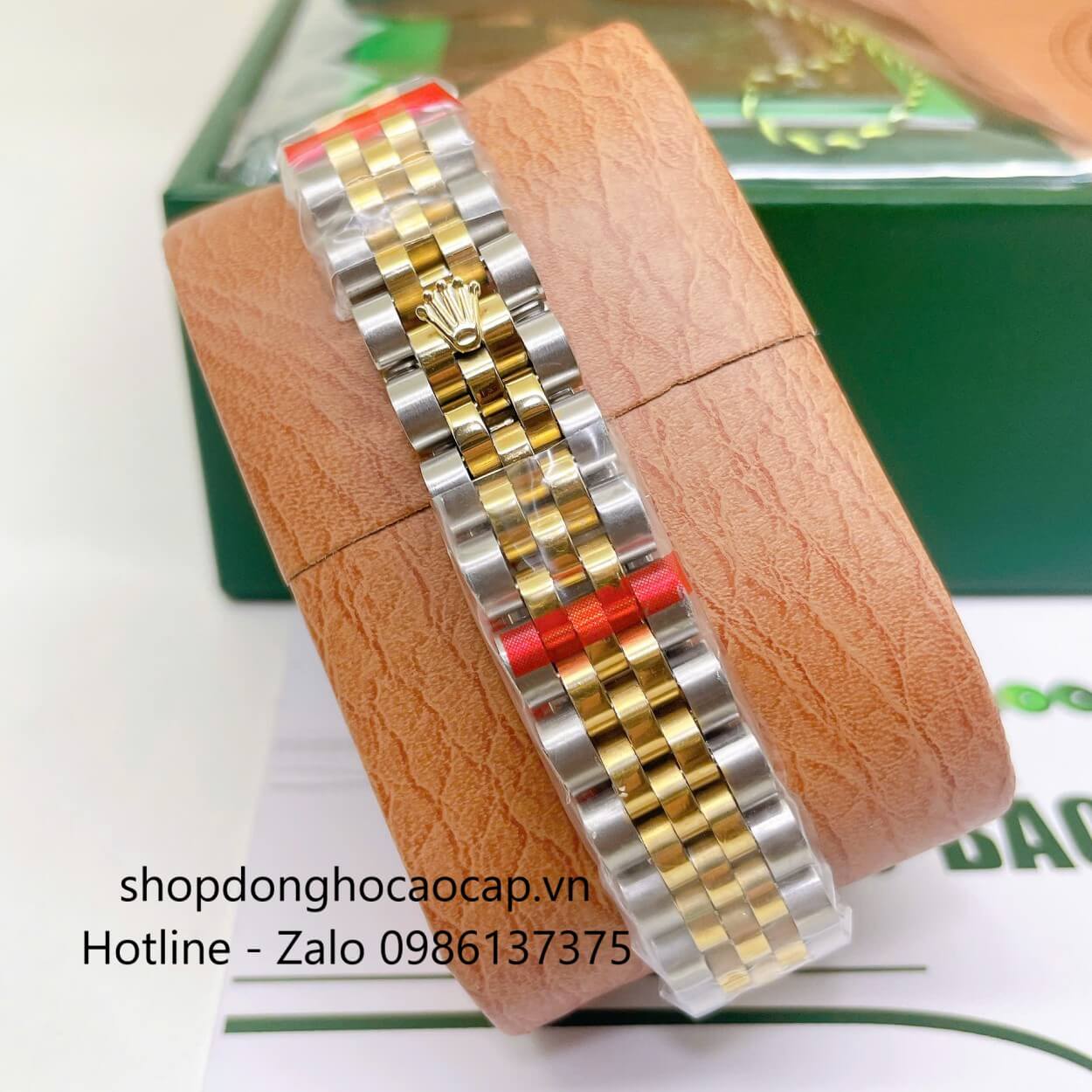 Đồng Hồ Rolex Datejust Nữ Máy Pin Dây Kim Loại Demi Vàng Mặt Đen Niềng Khía Size 31mm