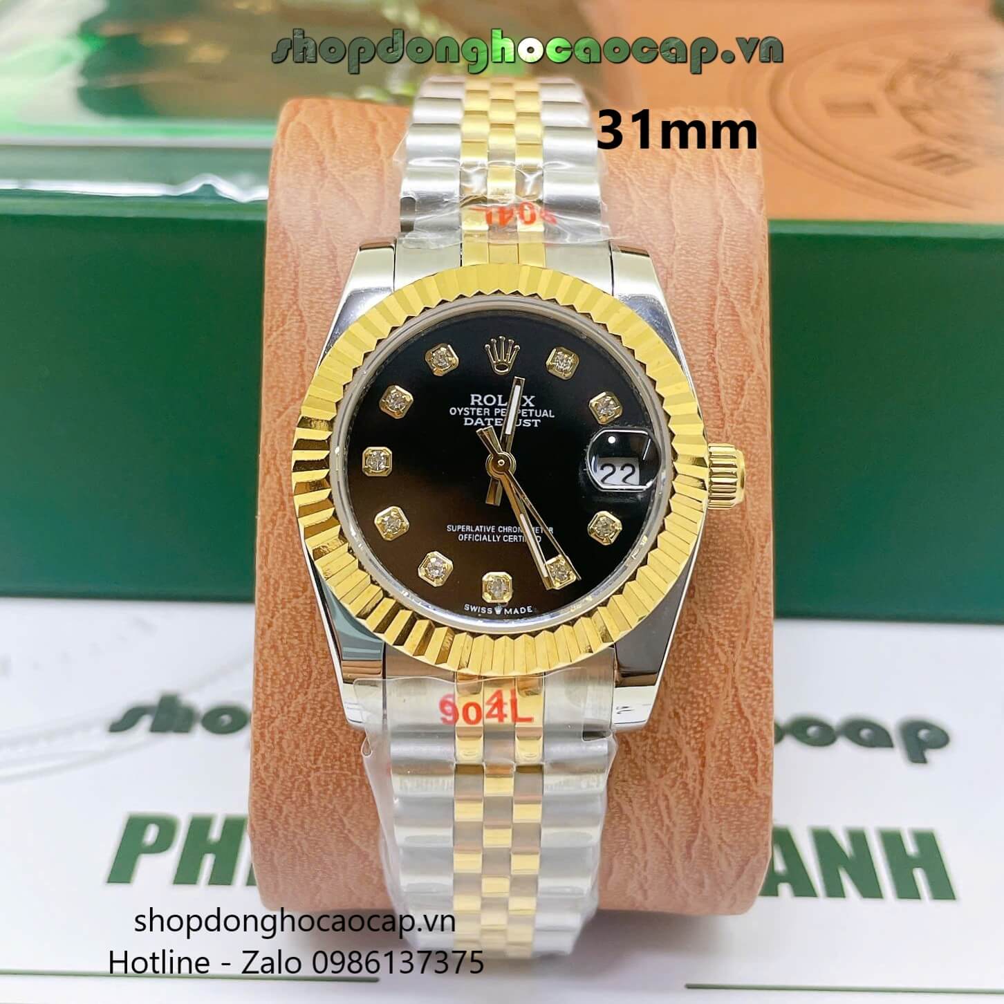 Đồng Hồ Rolex Datejust Nữ Máy Pin Dây Kim Loại Demi Vàng Mặt Đen Niềng Khía Size 31mm