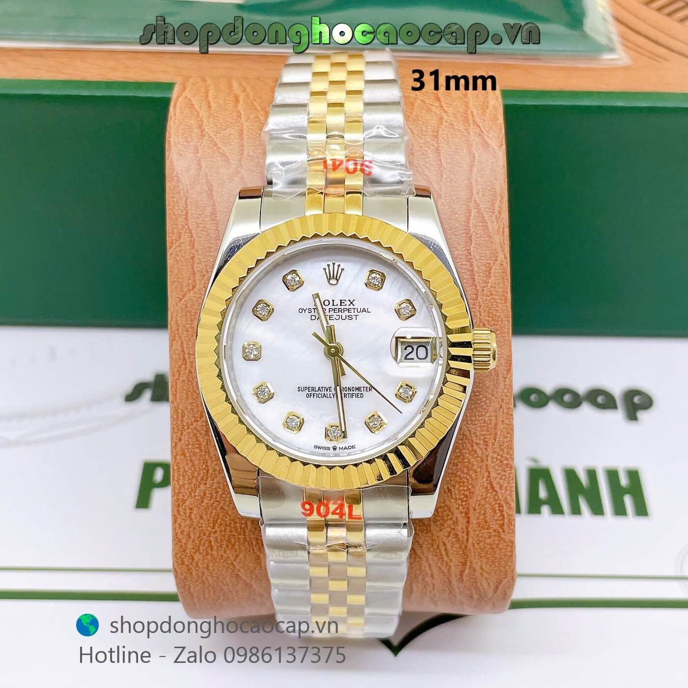 Đồng Hồ Rolex Datejust Nữ Máy Pin Dây Kim Loại Demi Vàng Mặt Trắng Xà Cừ Niềng Khía Size 31mm