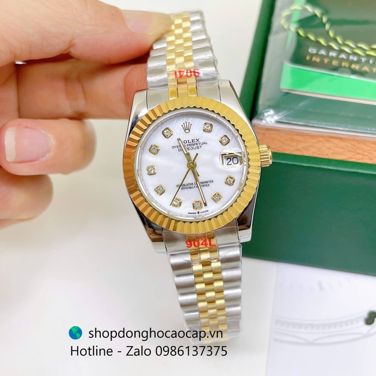 Đồng Hồ Cặp Rolex Datejust Máy Pin Dây Demi Vàng Mặt Trắng Xà Cừ Niềng Khía Size 41mm - 31mm
