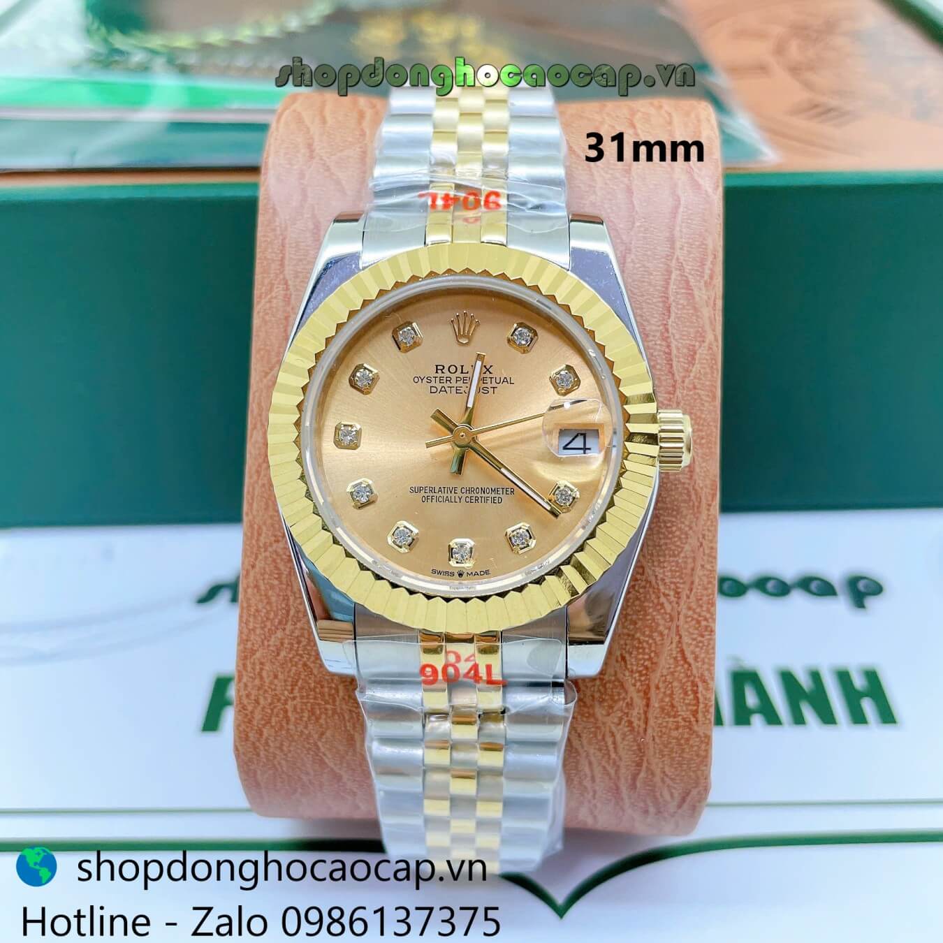 Đồng Hồ Cặp Rolex Datejust Máy Pin Dây Demi Vàng Mặt Vàng Niềng Khía Size 41mm - 31mm