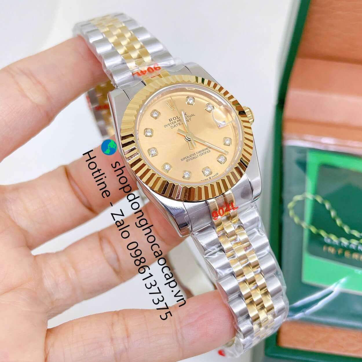 Đồng Hồ Rolex Datejust Nữ Máy Pin Dây Kim Loại Demi Vàng Mặt Vàng Niềng Khía Size 31mm