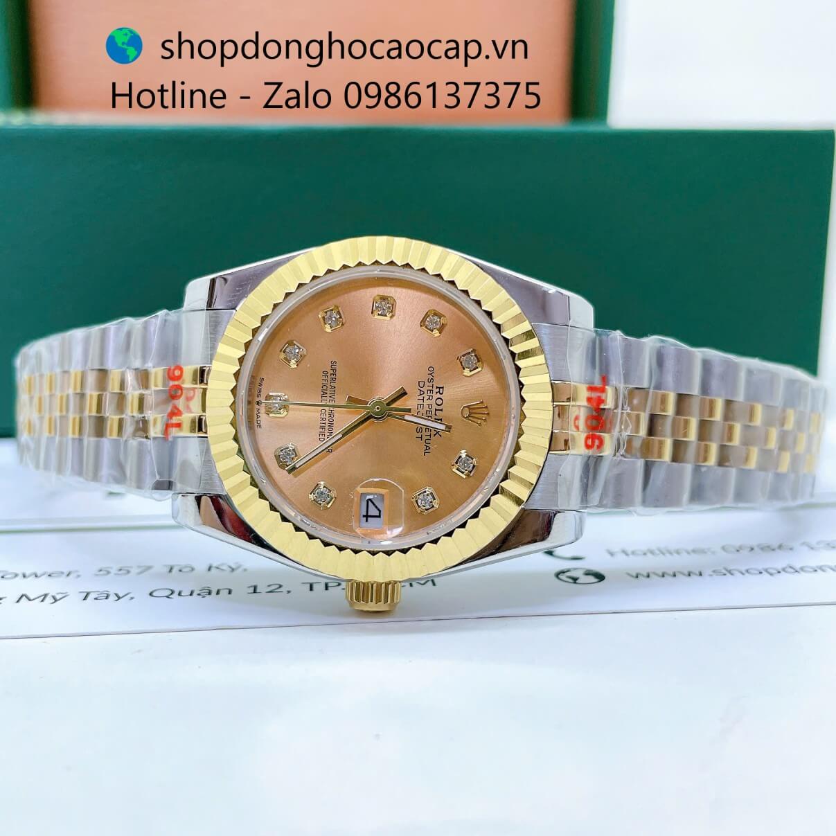 Đồng Hồ Rolex Datejust Nữ Máy Pin Dây Kim Loại Demi Vàng Mặt Vàng Niềng Khía Size 31mm