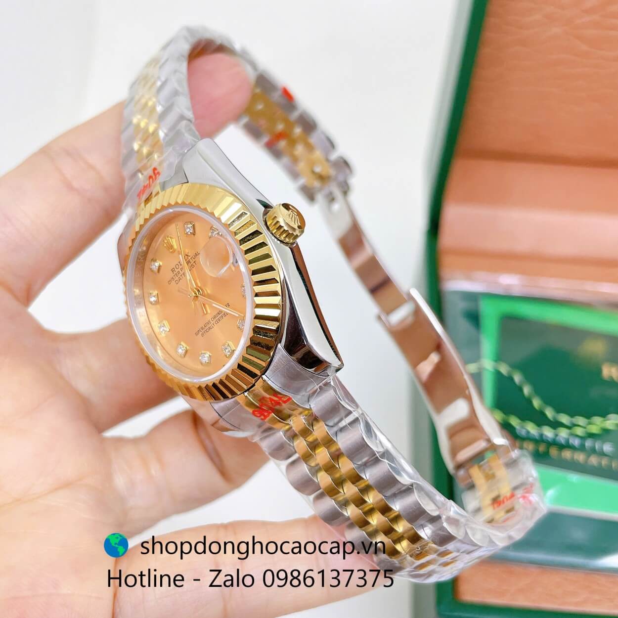 Đồng Hồ Cặp Rolex Datejust Máy Pin Dây Demi Vàng Mặt Vàng Niềng Khía Size 41mm - 31mm
