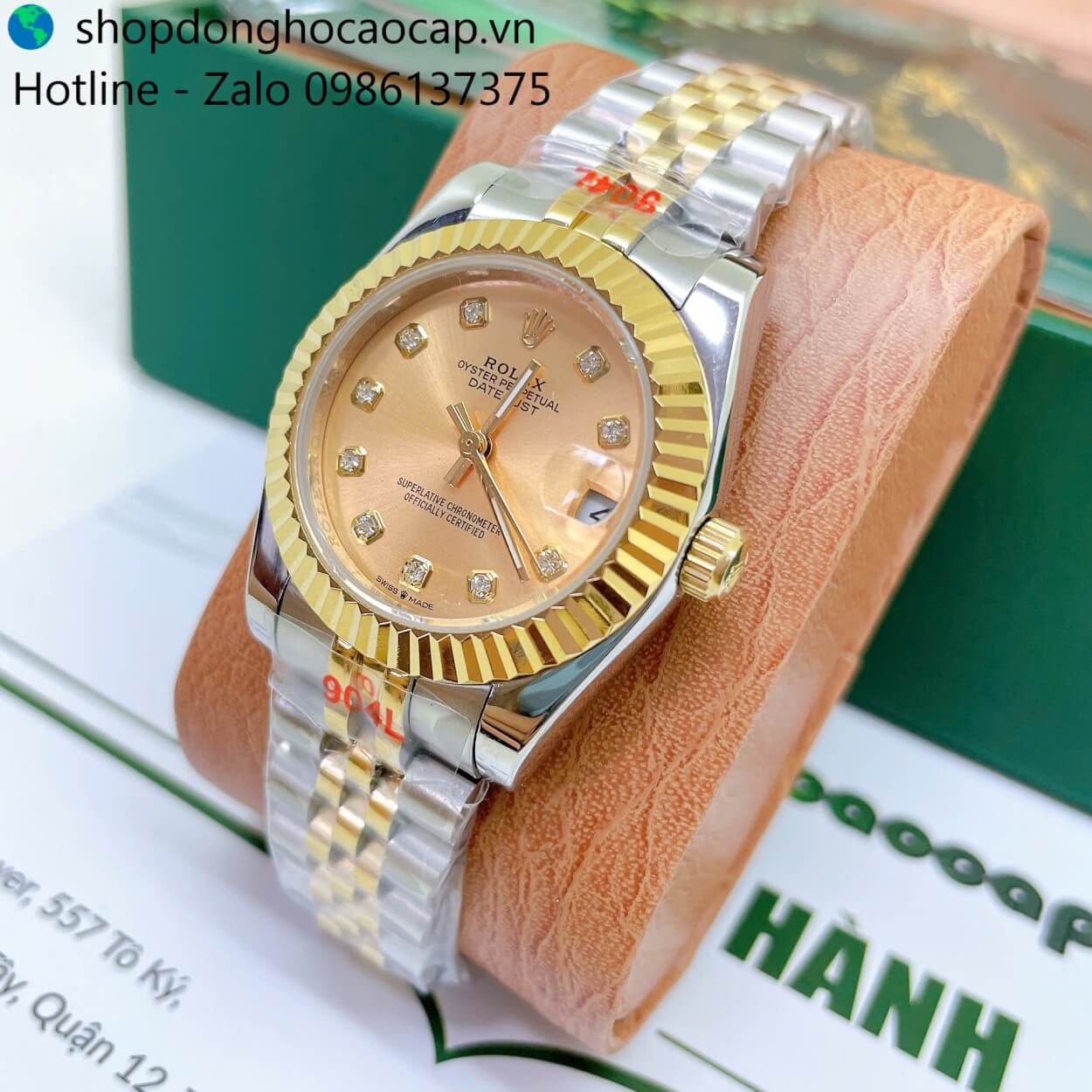 Đồng Hồ Rolex Datejust Nữ Máy Pin Dây Kim Loại Demi Vàng Mặt Vàng Niềng Khía Size 31mm