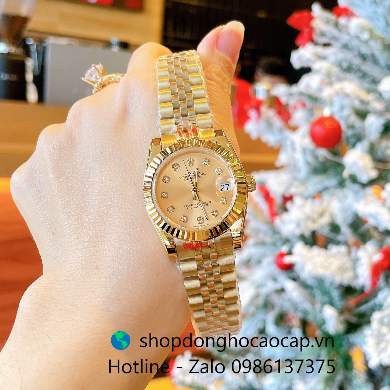 Đồng Hồ Rolex Datejust Nữ Máy Pin Dây Kim Loại Vàng Mặt Vàng Niềng Khía Size 31mm