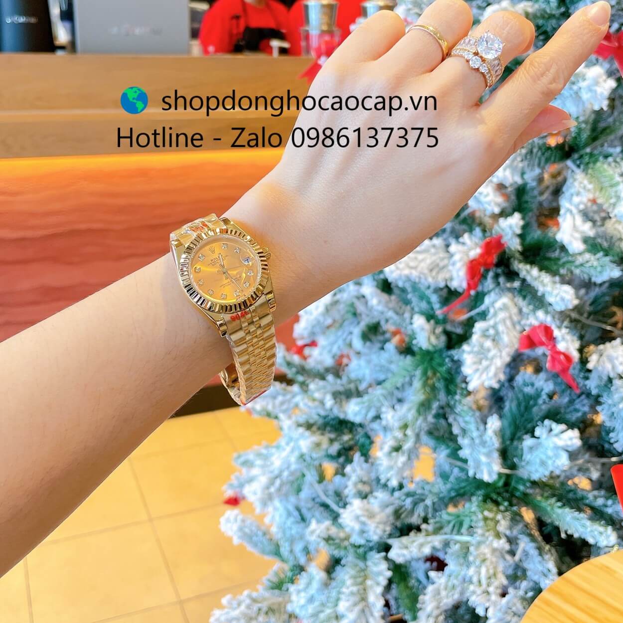 Đồng Hồ Rolex Datejust Nữ Máy Pin Dây Kim Loại Vàng Mặt Vàng Niềng Khía Size 31mm