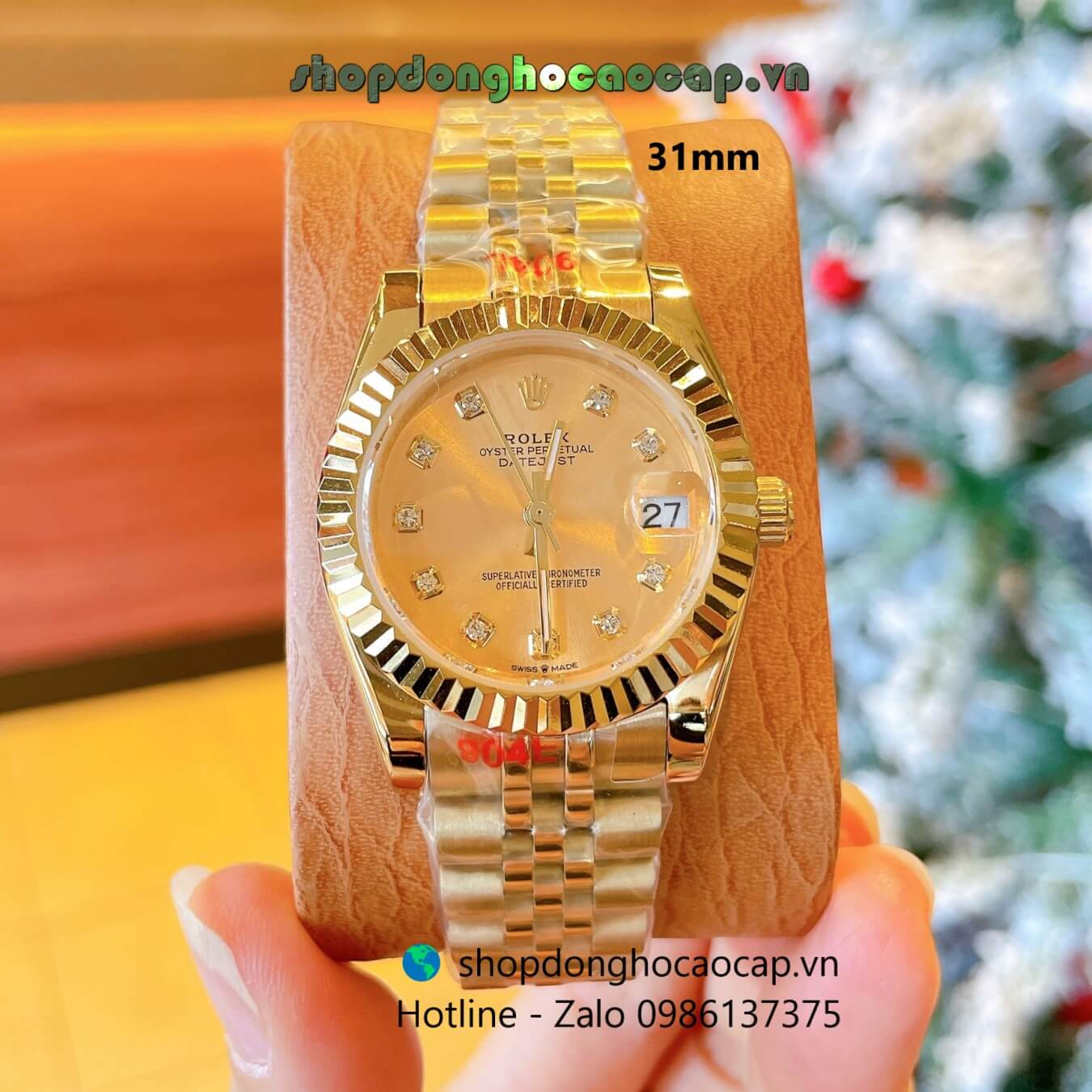 Đồng Hồ Rolex Datejust Nữ Máy Pin Dây Kim Loại Vàng Mặt Vàng Niềng Khía Size 31mm