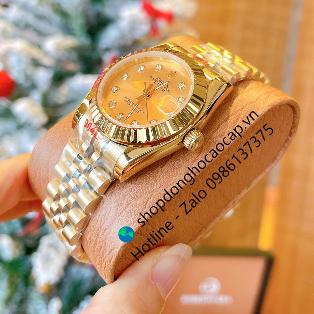 Đồng Hồ Rolex Datejust Nữ Máy Pin Dây Kim Loại Vàng Mặt Vàng Niềng Khía Size 31mm