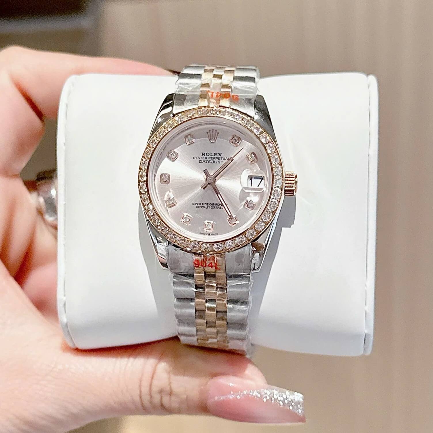 Đồng Hồ Rolex Datejust Nữ Máy Pin Dây Thép Demi Rose Size 31mm Viền Đá Khóa Hộp