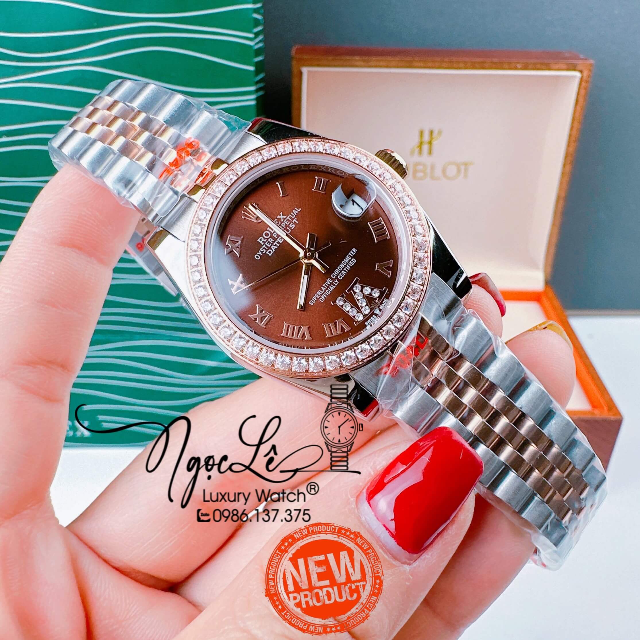 Đồng Hồ Nữ Rolex Datejust Pin Màu Demi Rose Mặt Nâu Đính Đá Size 32mm