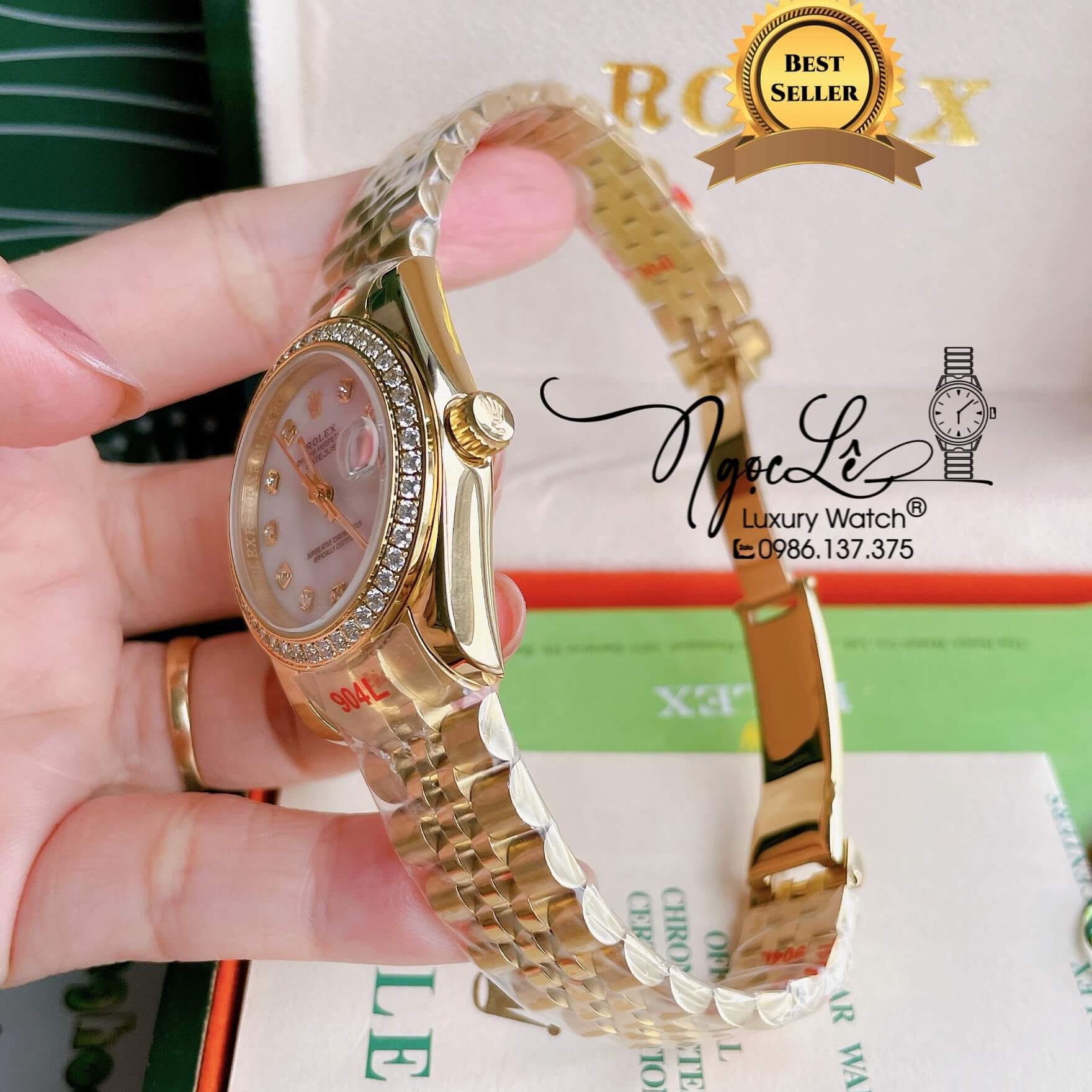 Đồng Hồ Nữ Rolex Datejust Pin Màu Vàng Mặt Trắng Xà Cừ Đính Đá Size 32mm Full Box