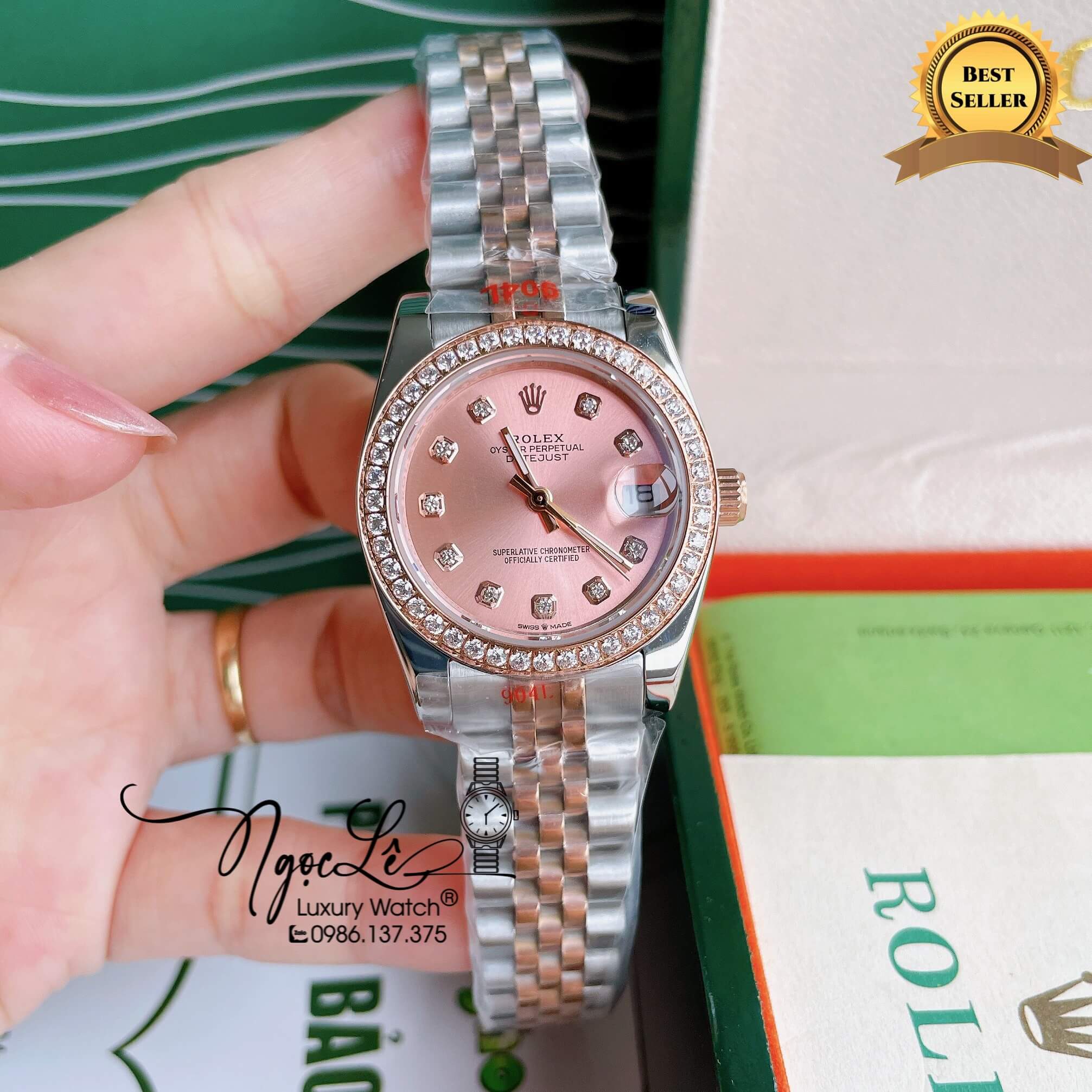 Đồng Hồ Nữ Rolex Datejust Pin Màu Demi Rose Mặt Rose Đính Đá Size 32mm FullBox