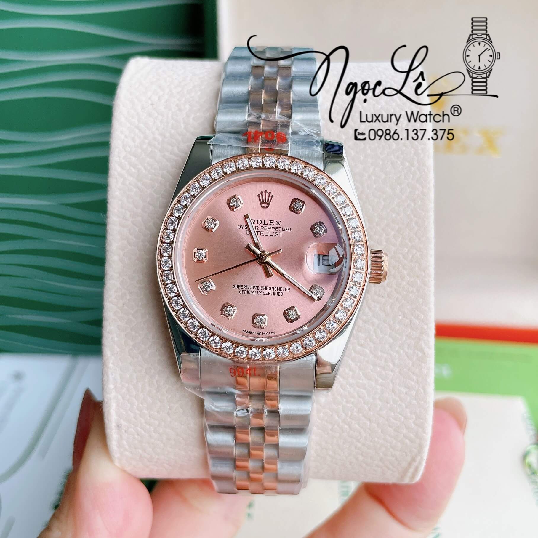 Đồng Hồ Nữ Rolex Datejust Pin Màu Demi Rose Mặt Rose Đính Đá Size 32mm FullBox