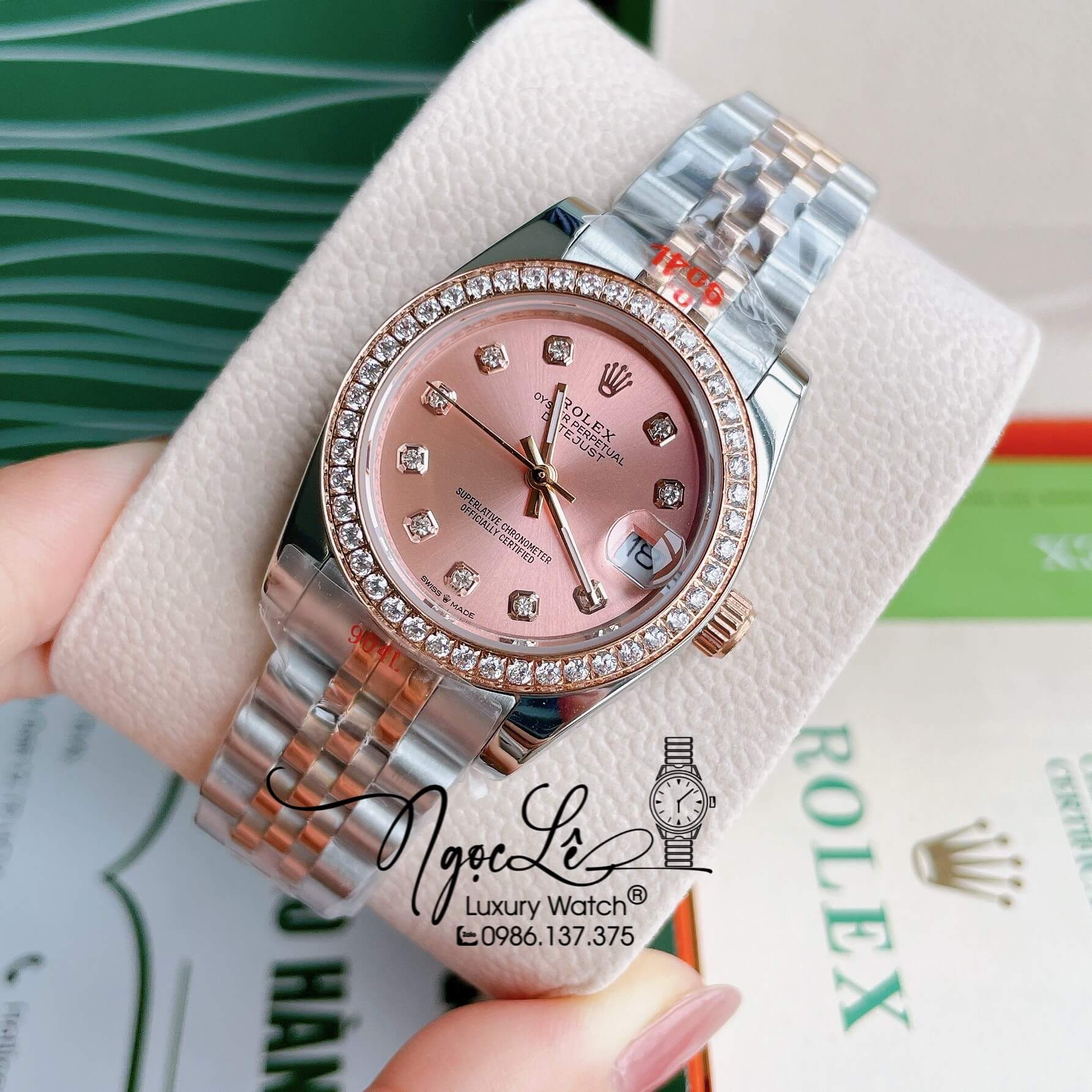 Đồng Hồ Nữ Rolex Datejust Pin Màu Demi Rose Mặt Rose Đính Đá Size 32mm FullBox