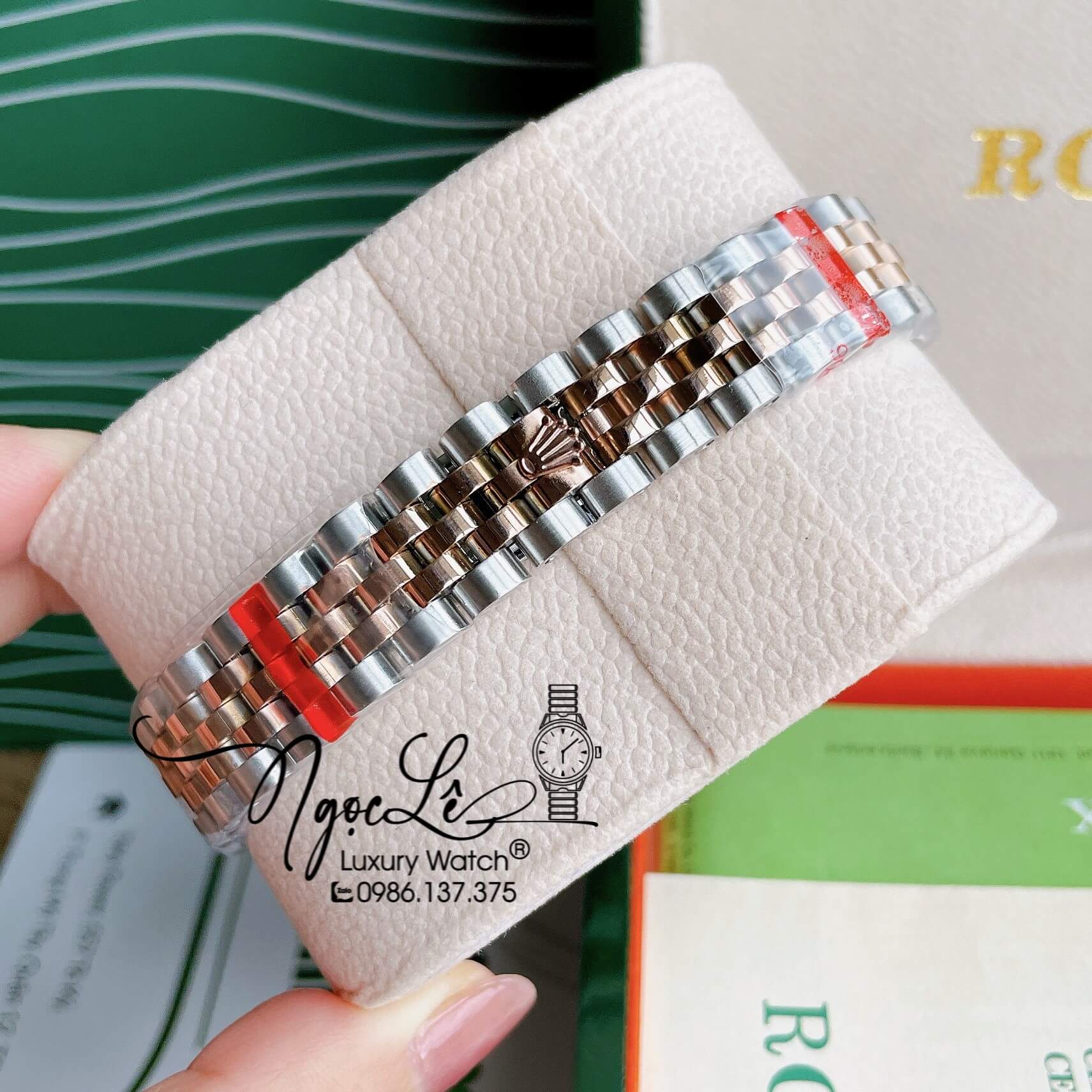 Đồng Hồ Nữ Rolex Datejust Pin Màu Demi Rose Mặt Rose Đính Đá Size 32mm FullBox