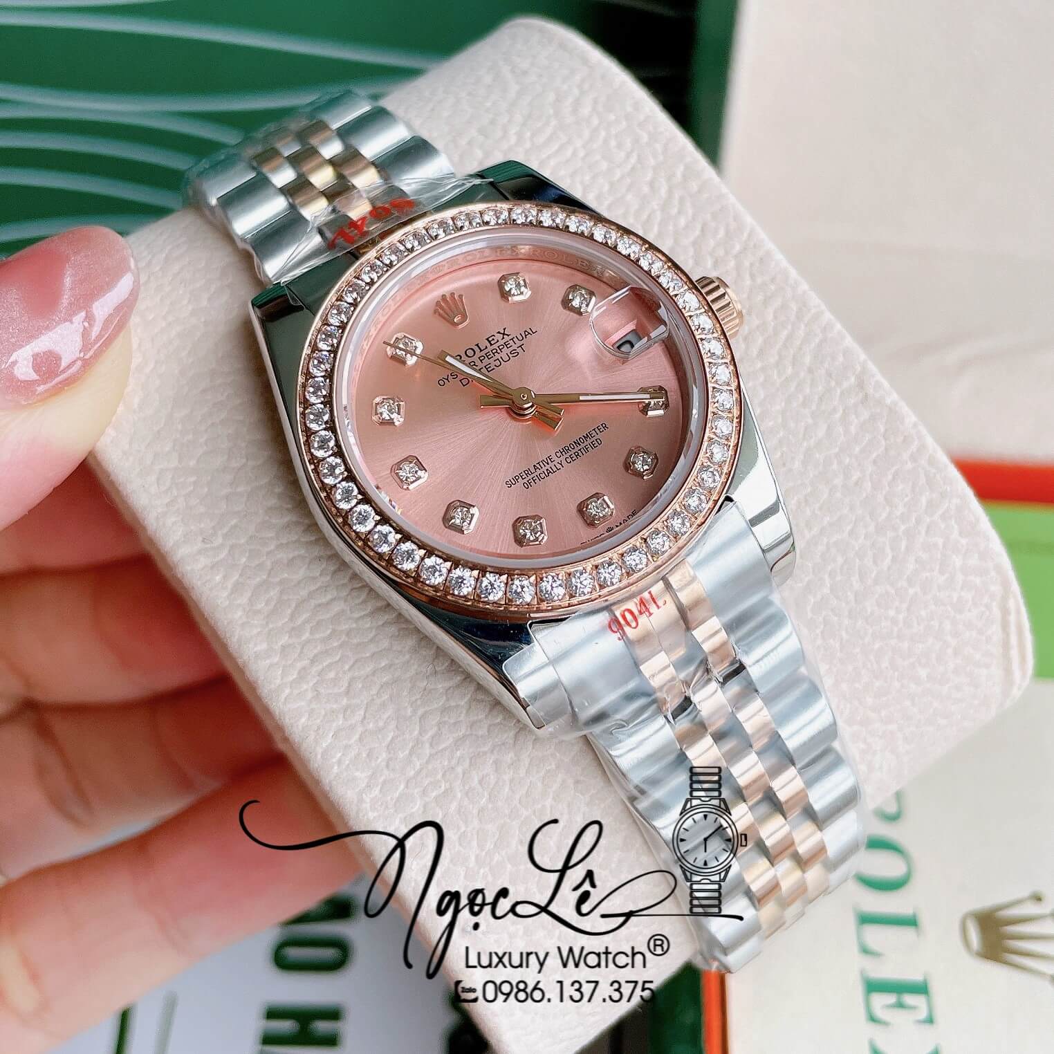 Đồng Hồ Nữ Rolex Datejust Pin Màu Demi Rose Mặt Rose Đính Đá Size 32mm FullBox