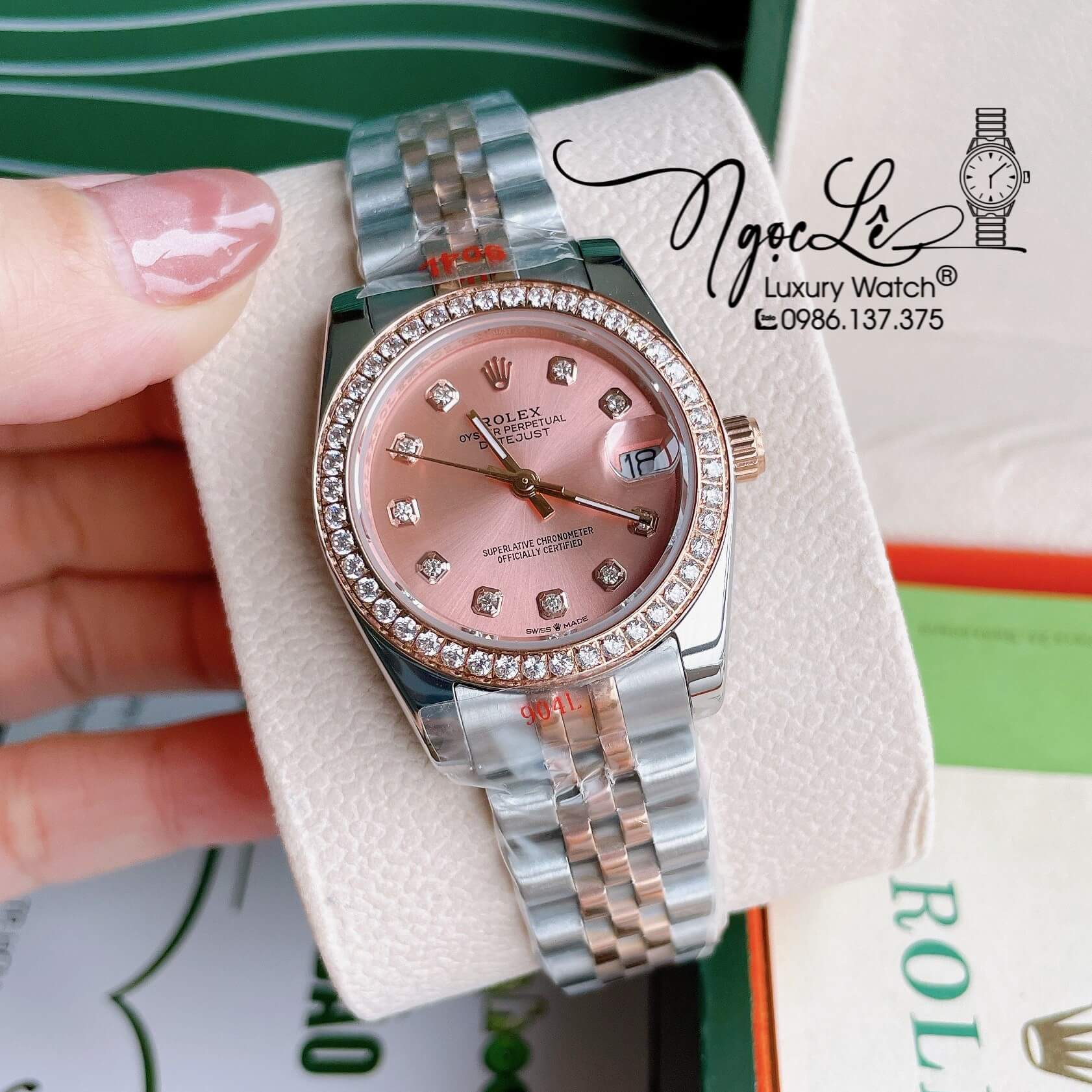 Đồng Hồ Nữ Rolex Datejust Pin Màu Demi Rose Mặt Rose Đính Đá Size 32mm FullBox