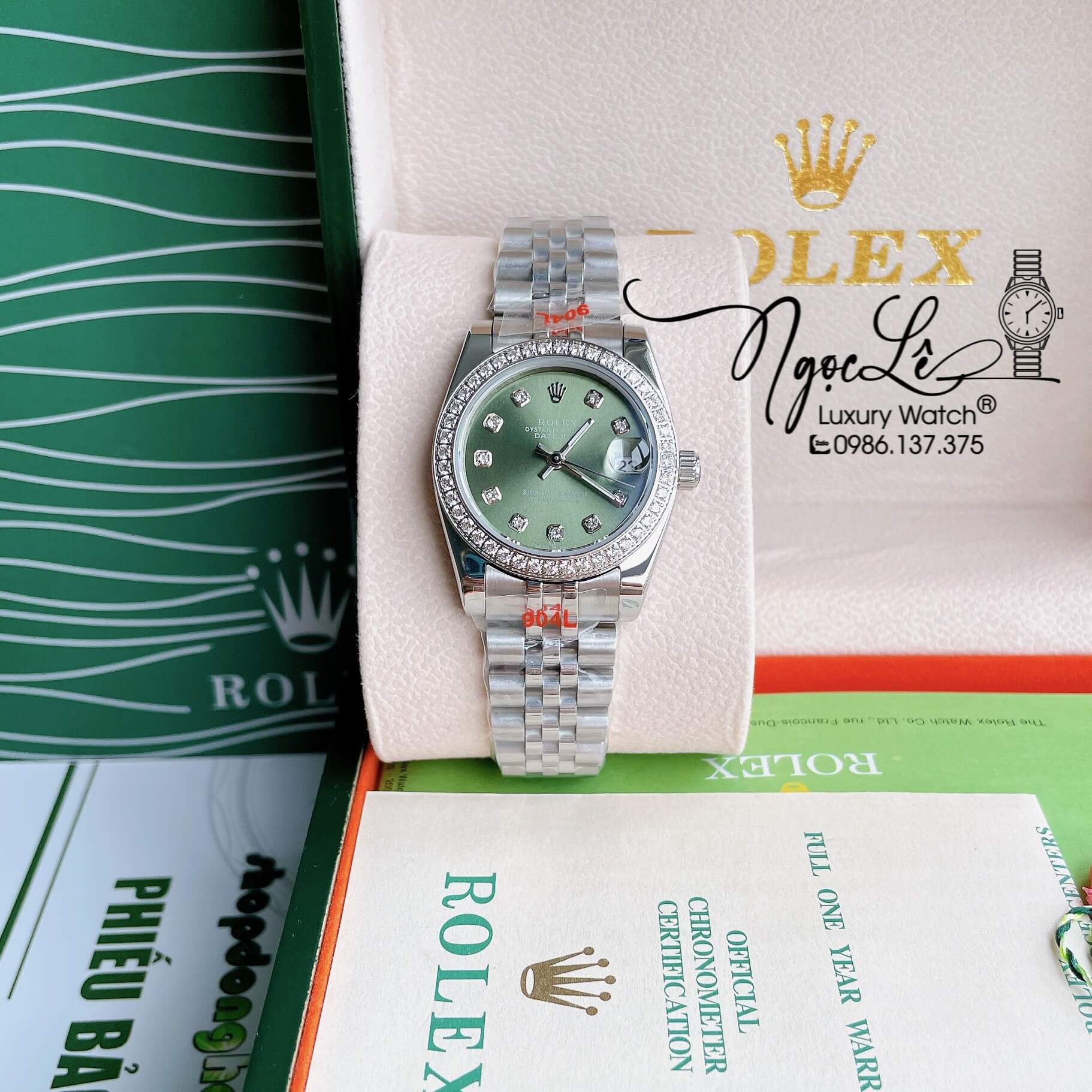 Đồng Hồ Nữ Rolex Datejust Pin Màu Bạc Mặt Xanh Rêu Đính Đá Size 32mm Full Box
