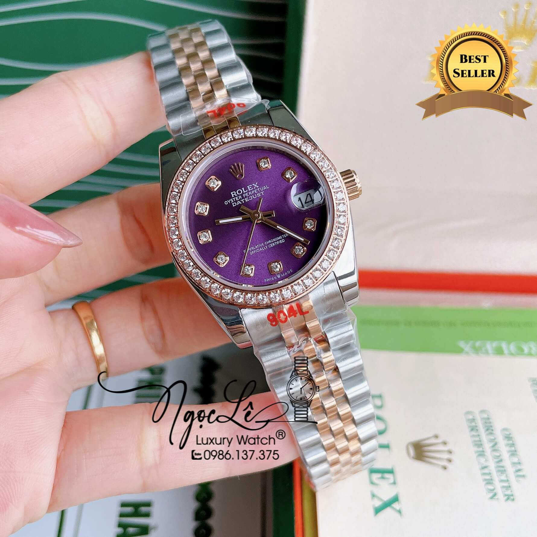 Đồng Hồ Nữ Rolex Datejust Pin Màu Demi Rose Mặt Tím Đính Đá Size 32mm FullBox