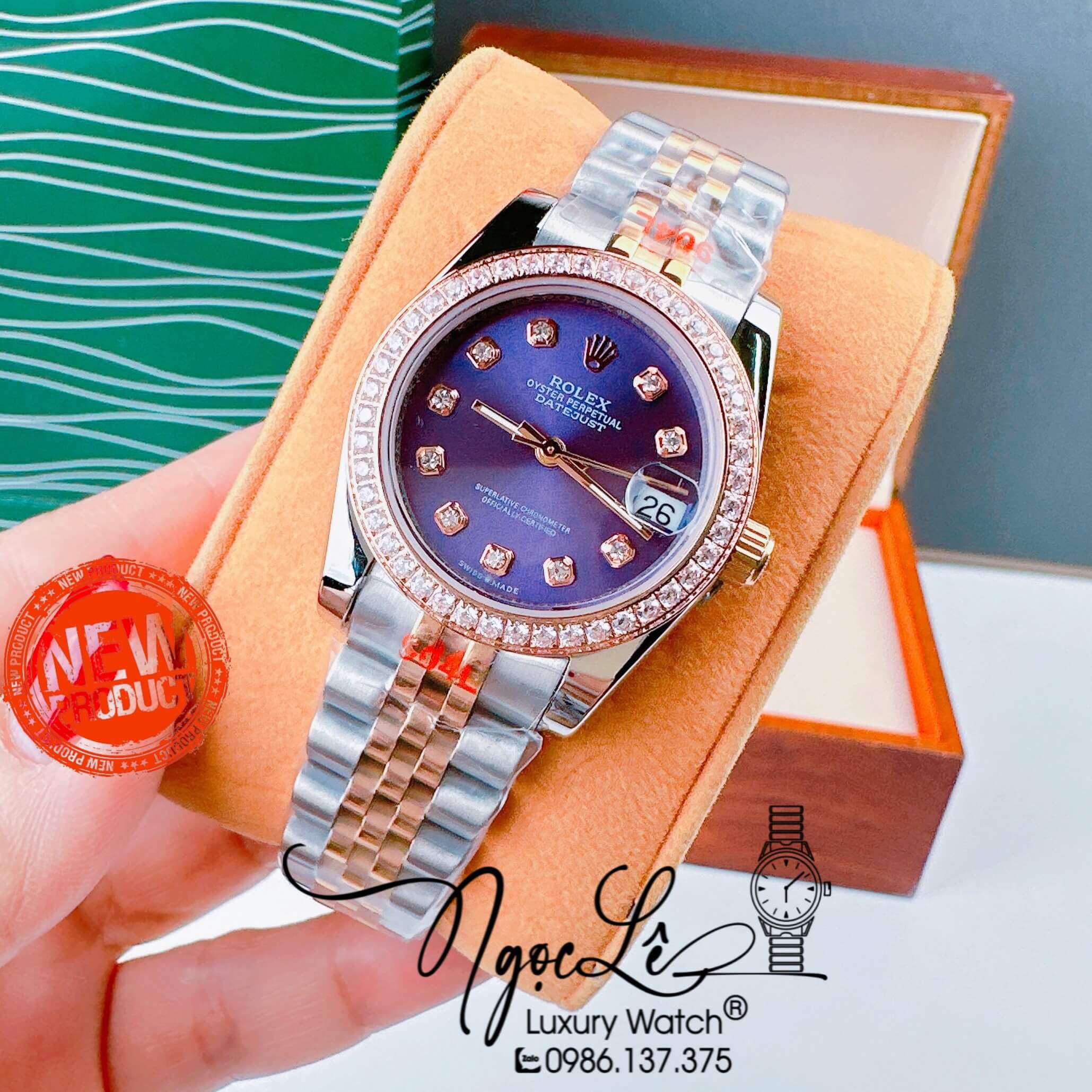 Đồng Hồ Nữ Rolex Datejust Pin Màu Demi Rose Mặt Tím Đính Đá Size 32mm