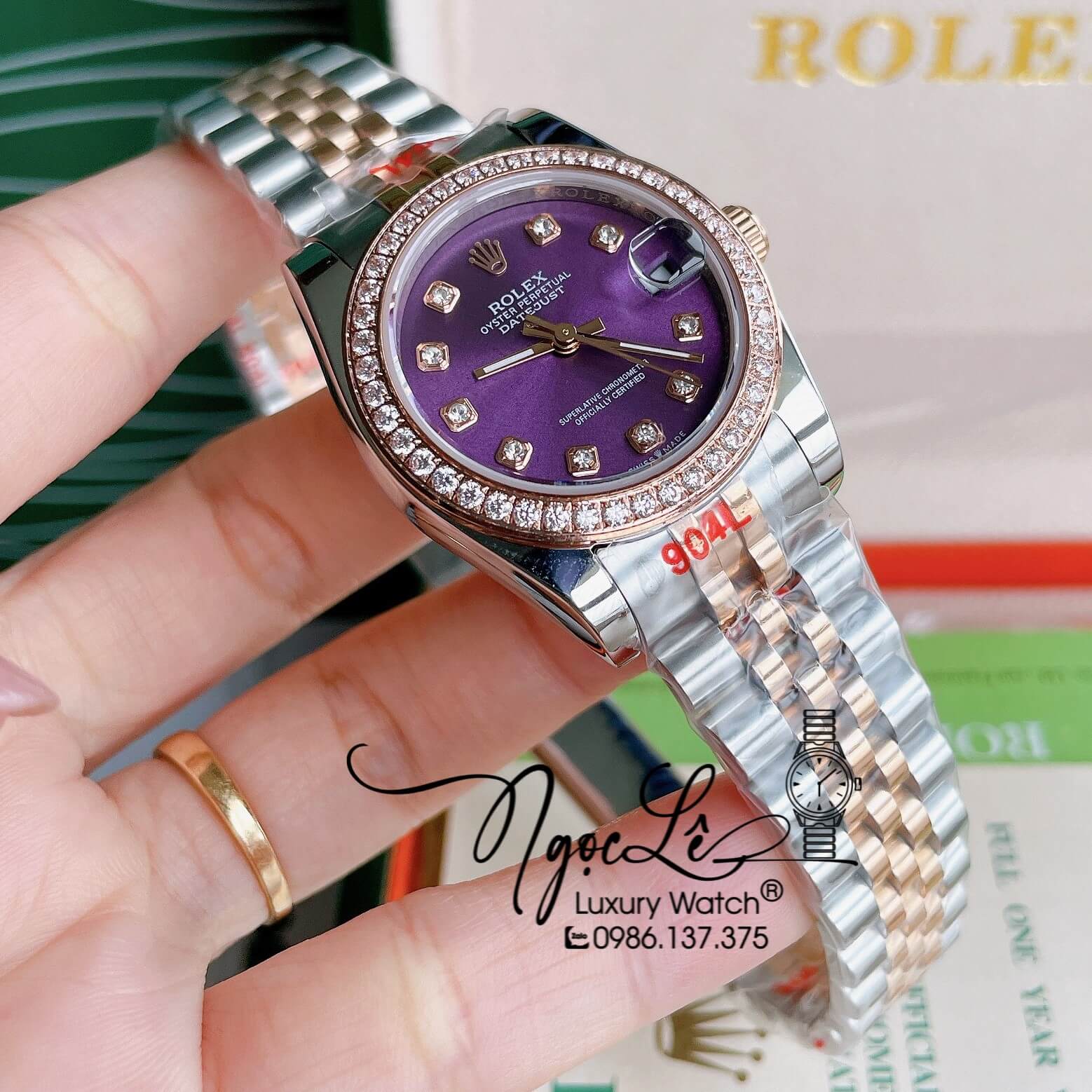 Đồng Hồ Nữ Rolex Datejust Pin Màu Demi Rose Mặt Tím Đính Đá Size 32mm FullBox