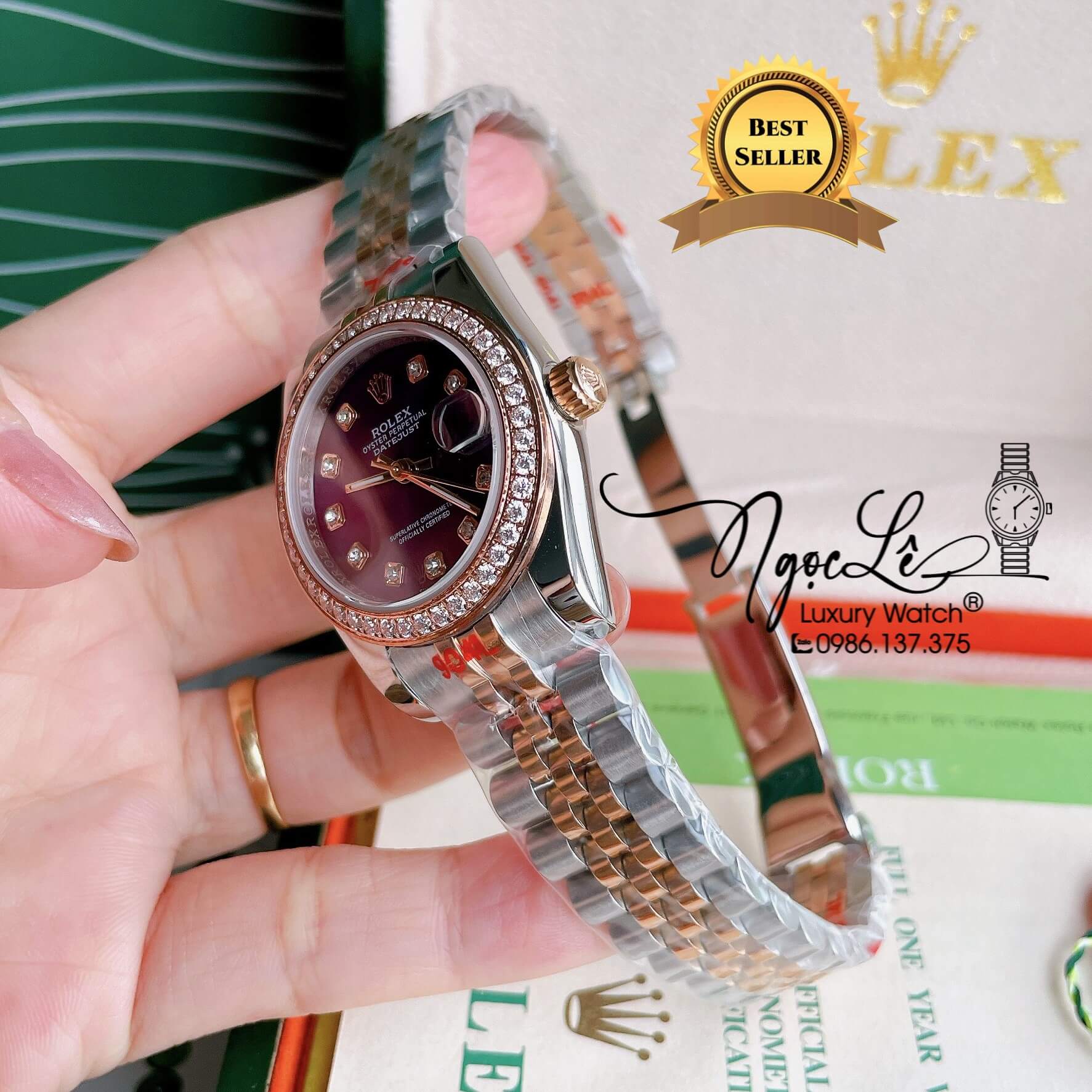 Đồng Hồ Nữ Rolex Datejust Pin Màu Demi Rose Mặt Tím Đính Đá Size 32mm FullBox