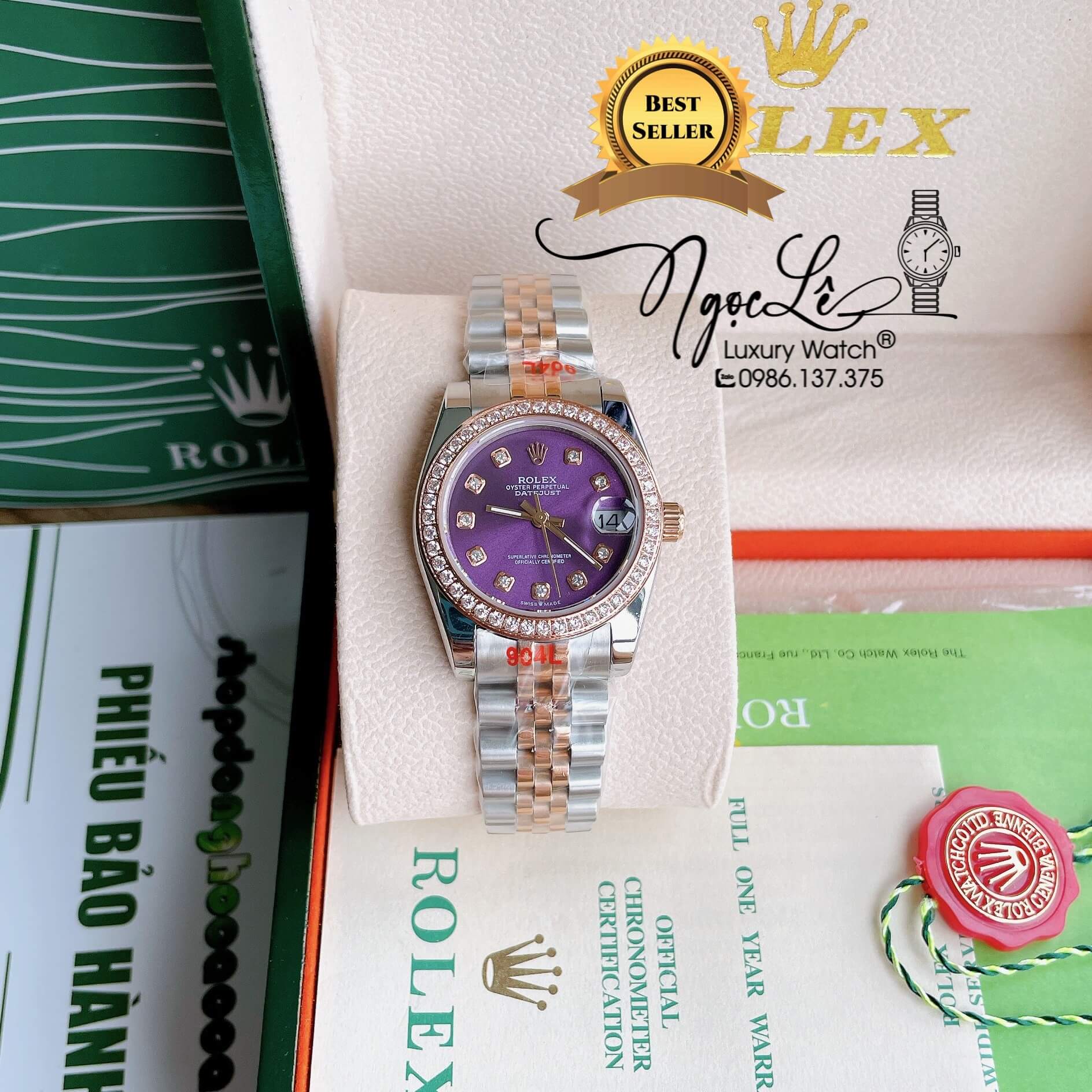 Đồng Hồ Nữ Rolex Datejust Pin Màu Demi Rose Mặt Tím Đính Đá Size 32mm FullBox