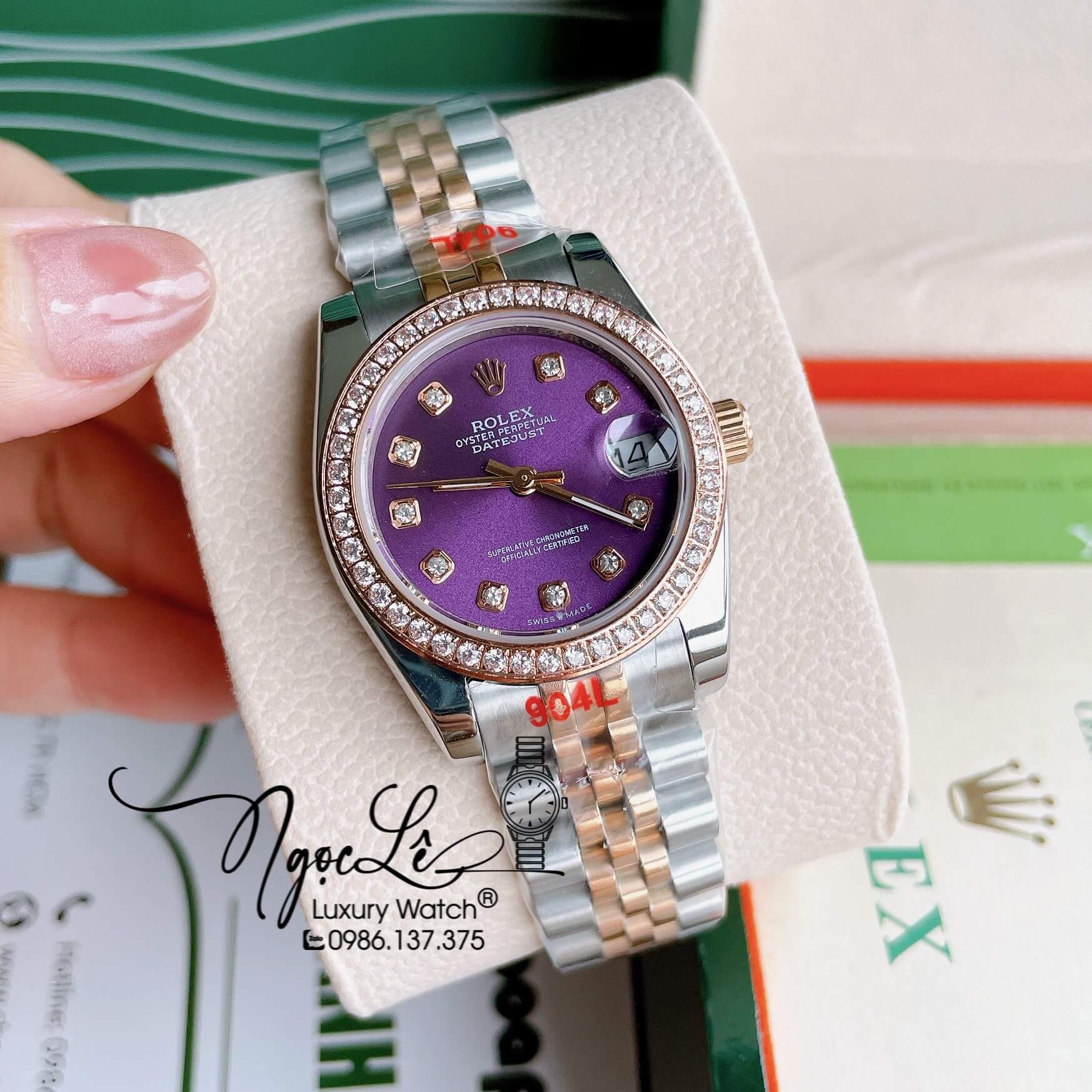 Đồng Hồ Nữ Rolex Datejust Pin Màu Demi Rose Mặt Tím Đính Đá Size 32mm FullBox