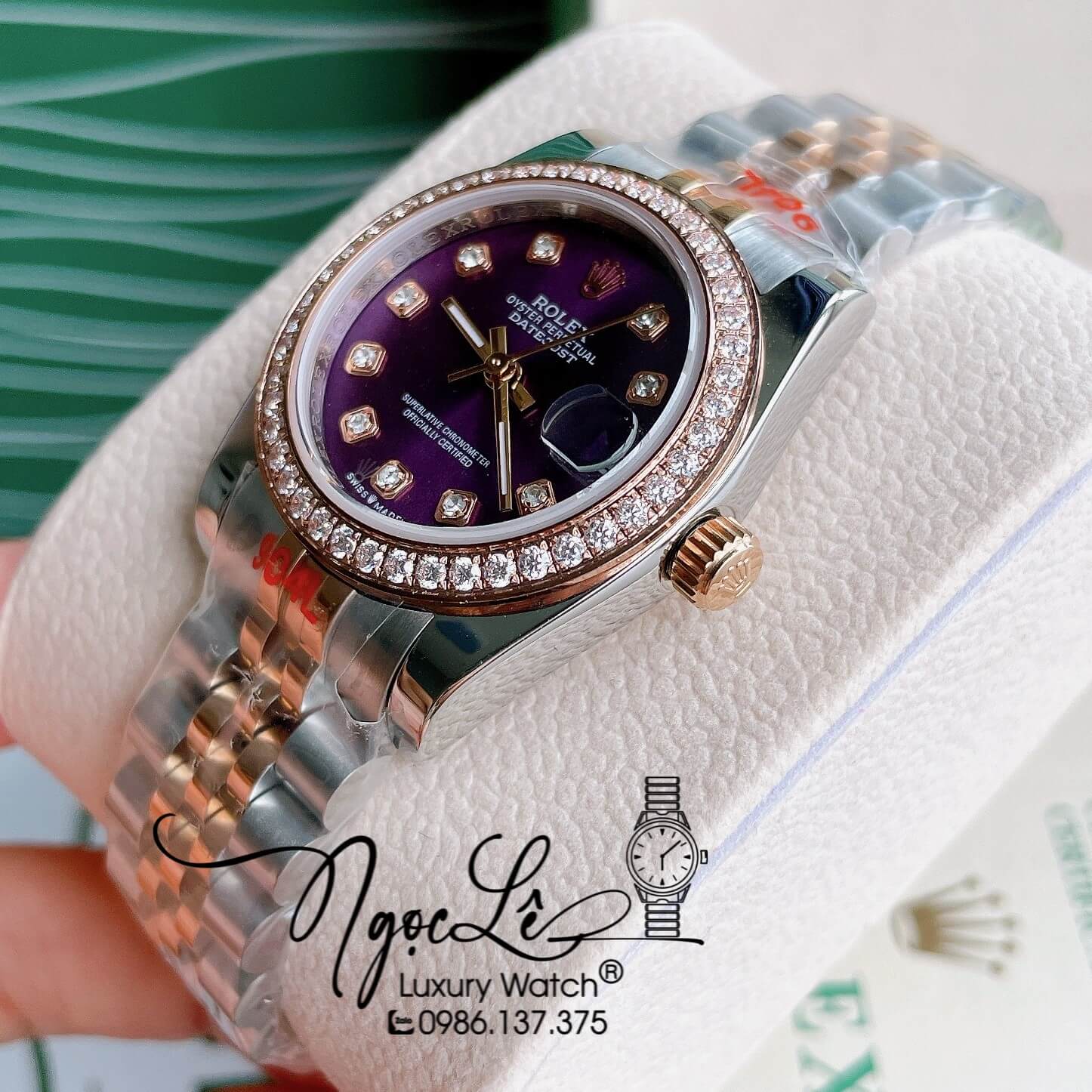 Đồng Hồ Nữ Rolex Datejust Pin Màu Demi Rose Mặt Tím Đính Đá Size 32mm FullBox