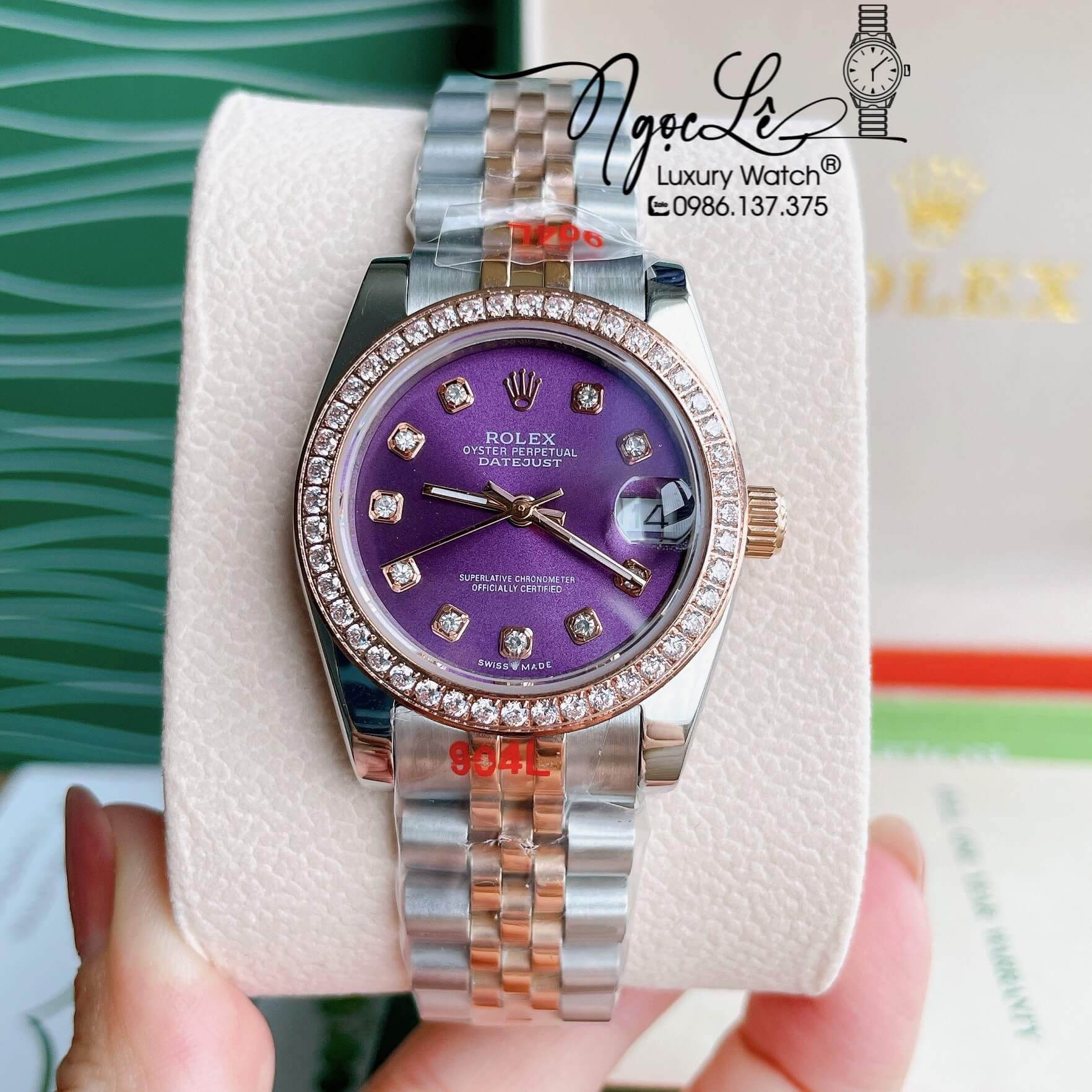 Đồng Hồ Nữ Rolex Datejust Pin Màu Demi Rose Mặt Tím Đính Đá Size 32mm FullBox
