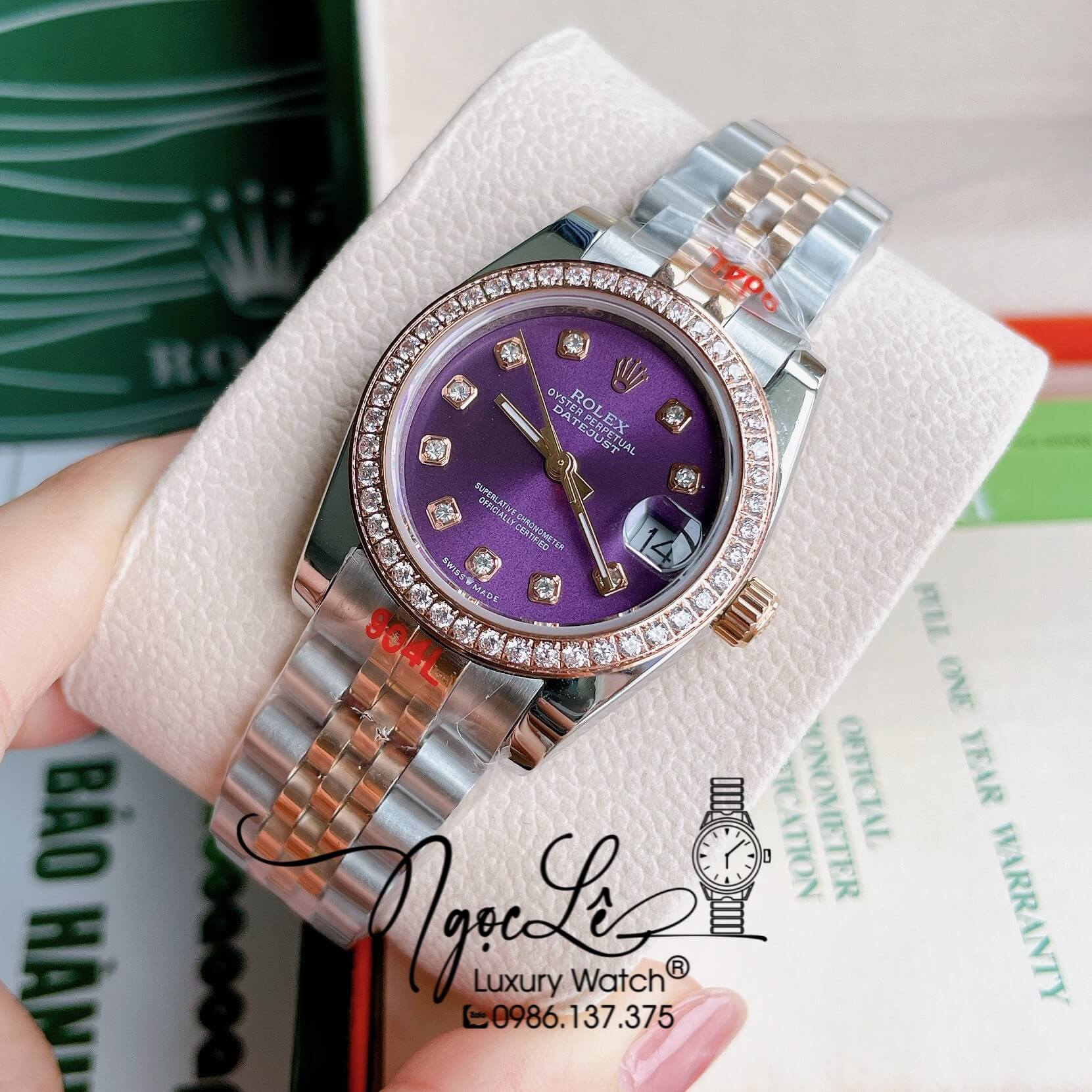 Đồng Hồ Nữ Rolex Datejust Pin Màu Demi Rose Mặt Tím Đính Đá Size 32mm FullBox