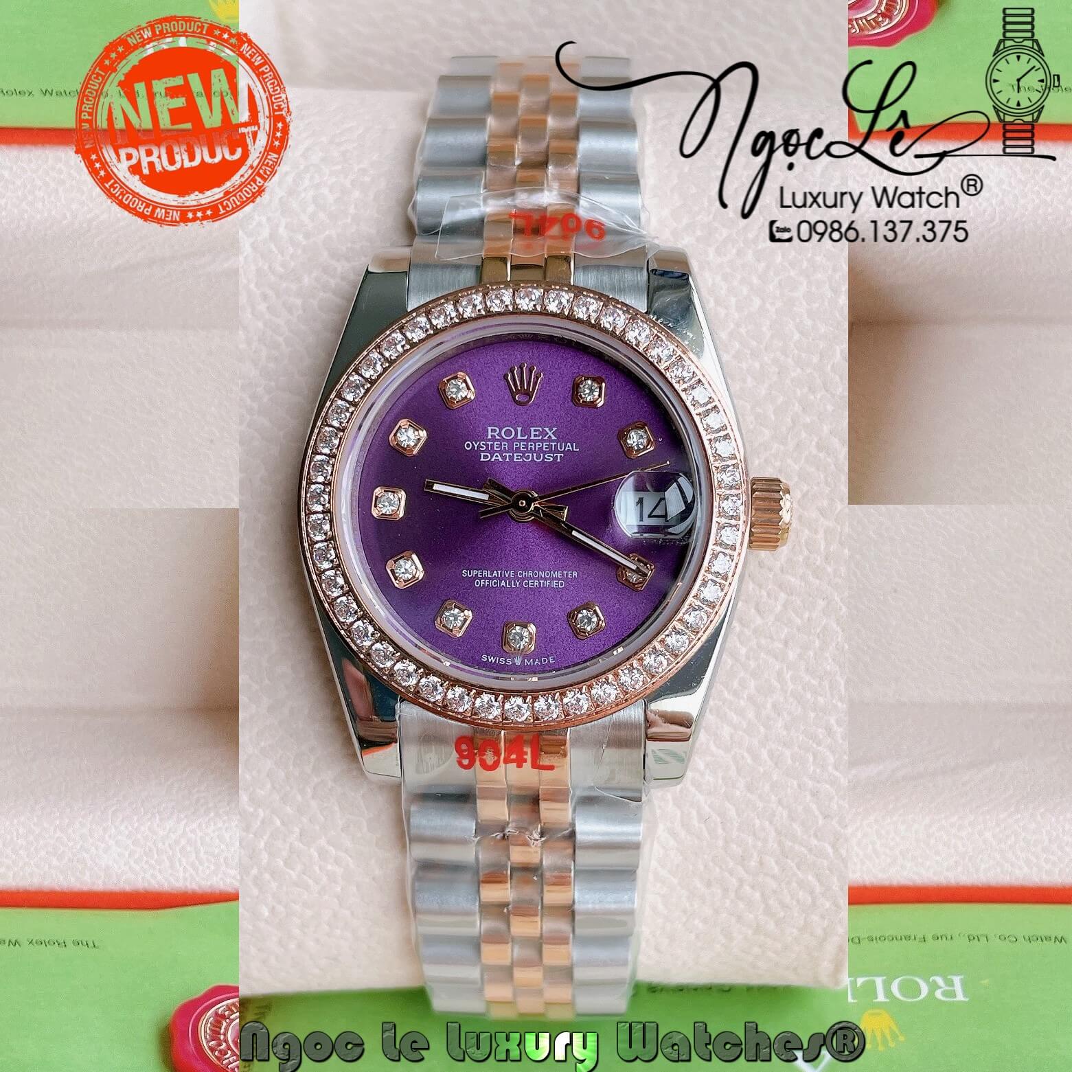 Đồng Hồ Nữ Rolex Datejust Pin Màu Demi Rose Mặt Tím Đính Đá Size 32mm FullBox