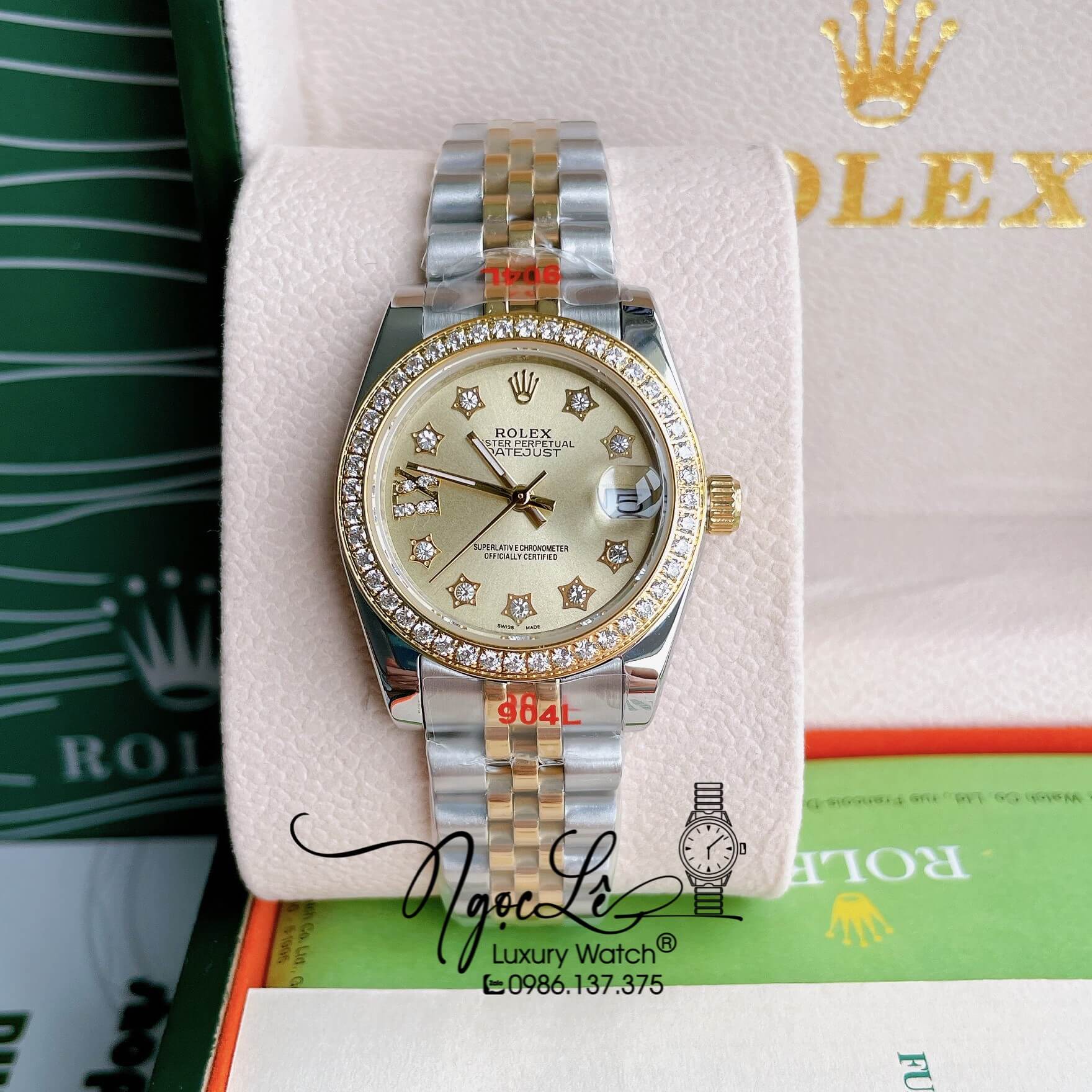 Đồng Hồ Nữ Rolex Datejust Pin Màu Demi Vàng Mặt Vàng Đính Đá Size 32mm