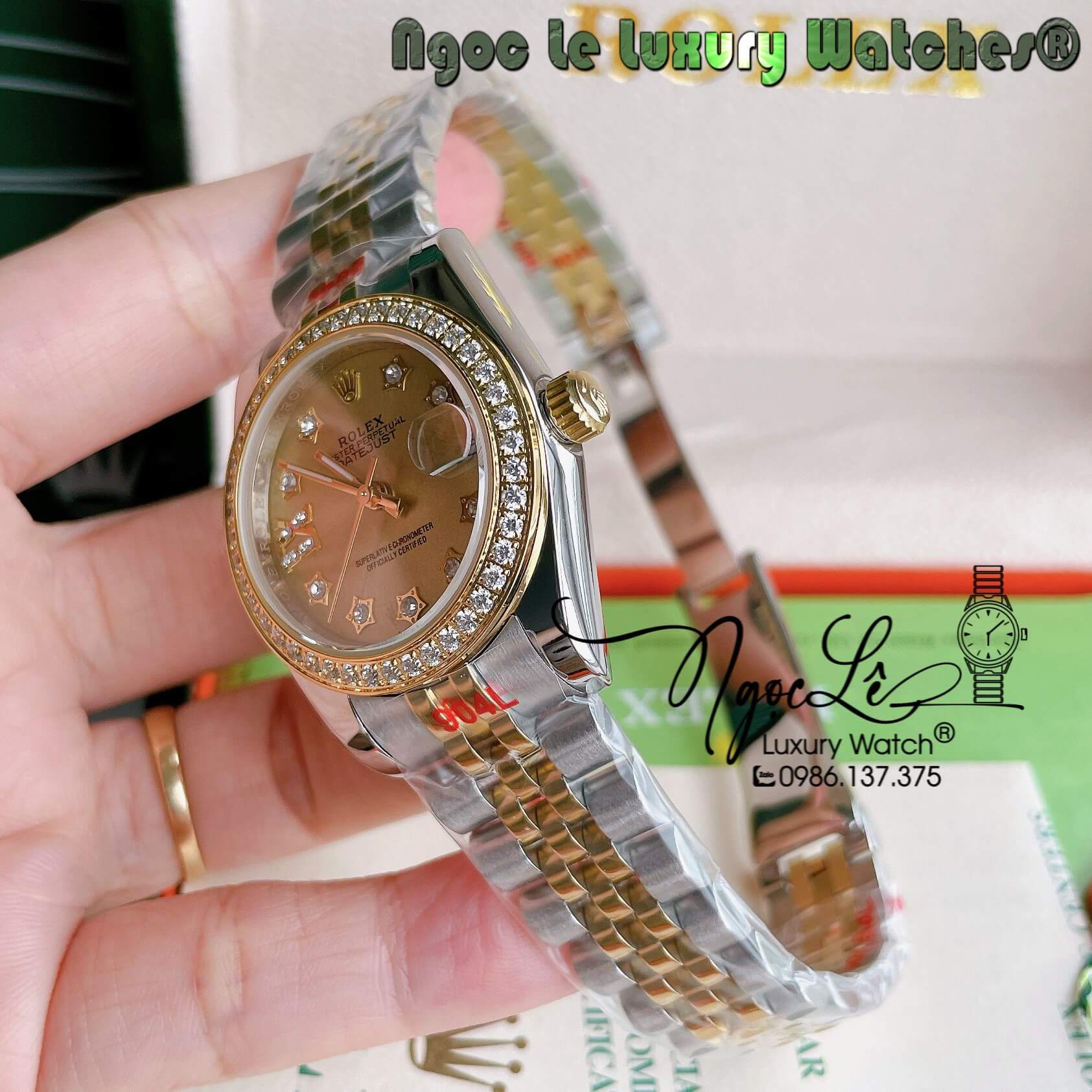Đồng Hồ Nữ Rolex Datejust Pin Màu Demi Vàng Mặt Vàng Đính Đá Size 32mm