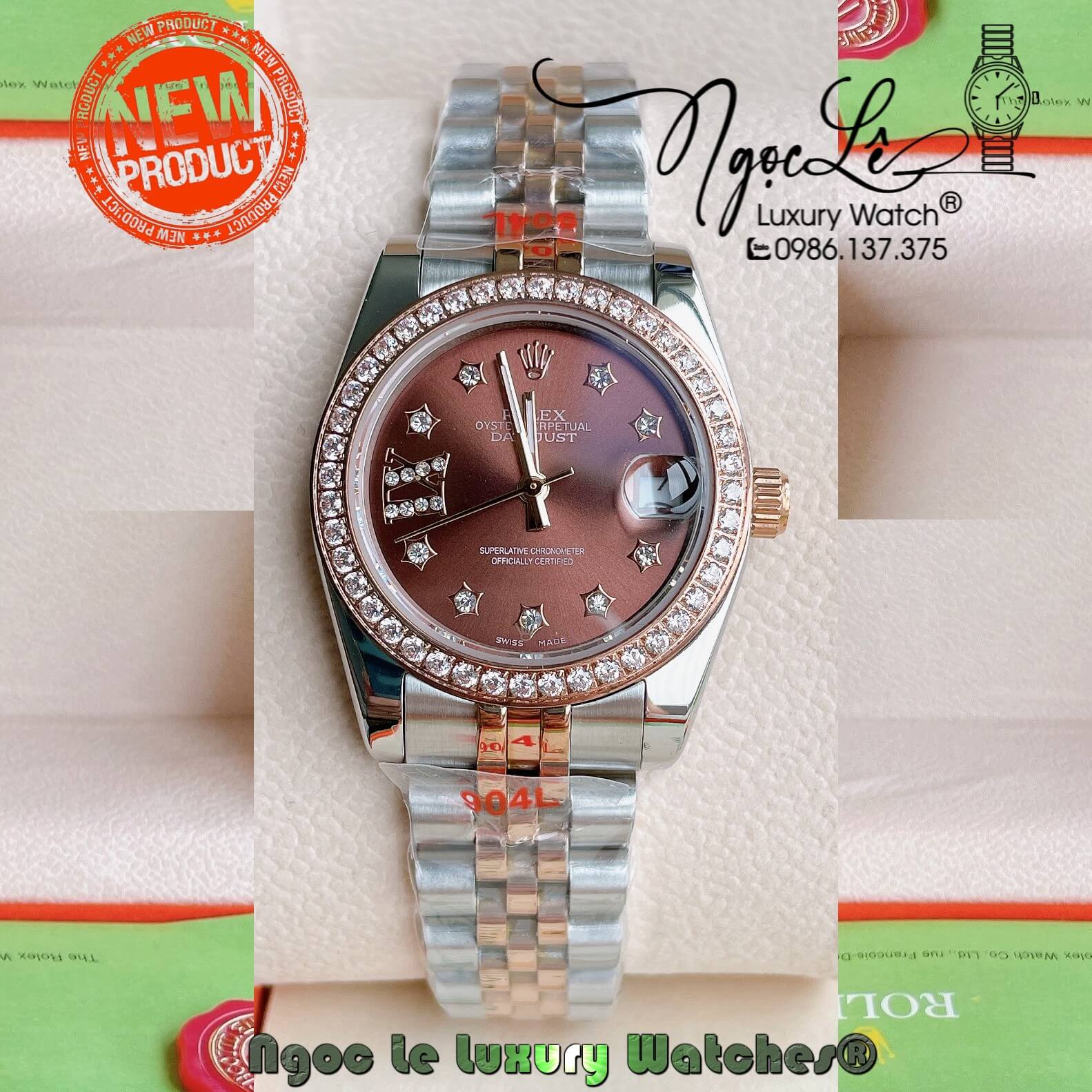 Đồng Hồ Nữ Rolex Datejust Pin Màu Demi Rose Mặt Nâu Đính Đá Size 32mm FullBox