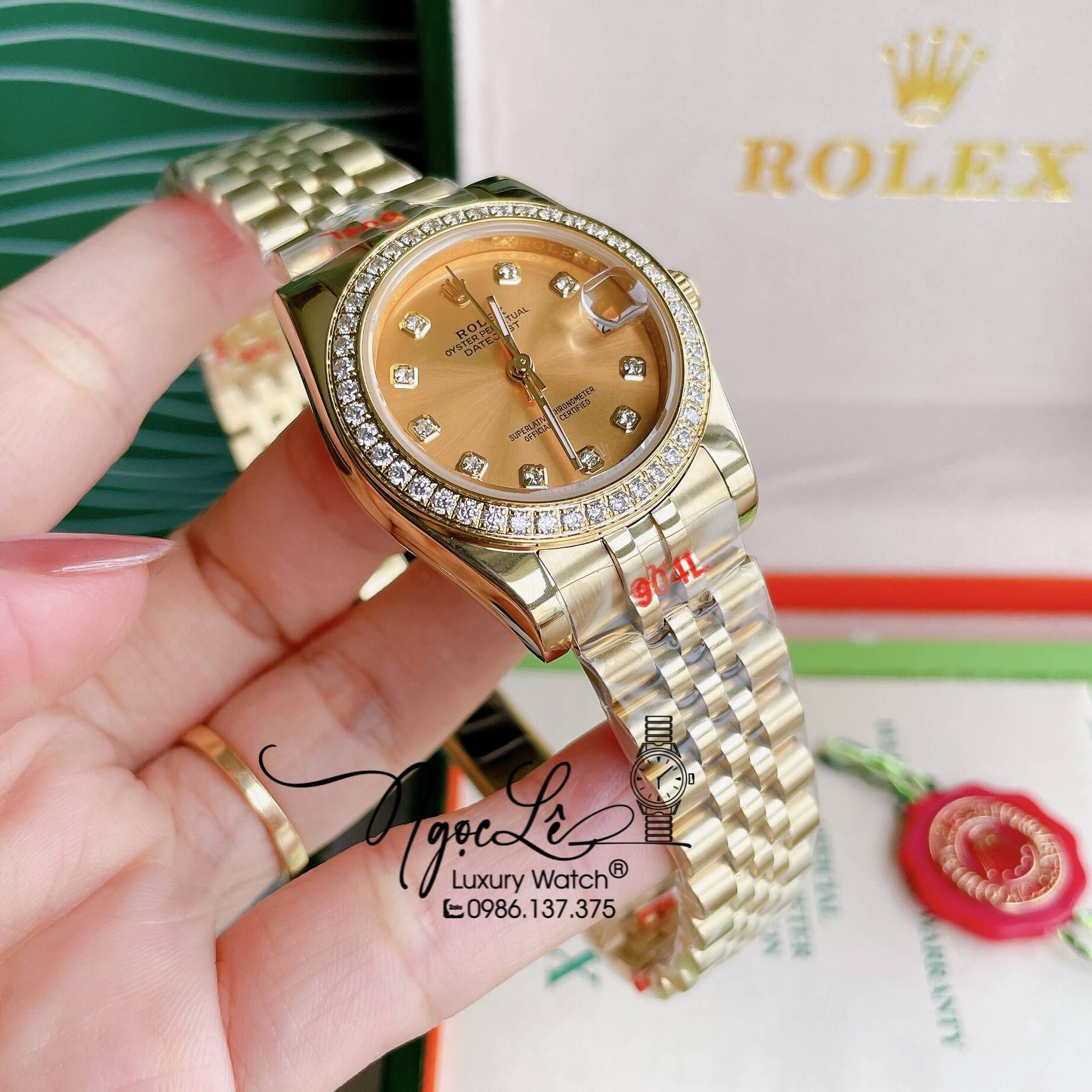 Đồng Hồ Nữ Rolex Datejust Pin Màu Vàng Mặt Vàng Đính Đá Size 32mm Full Box