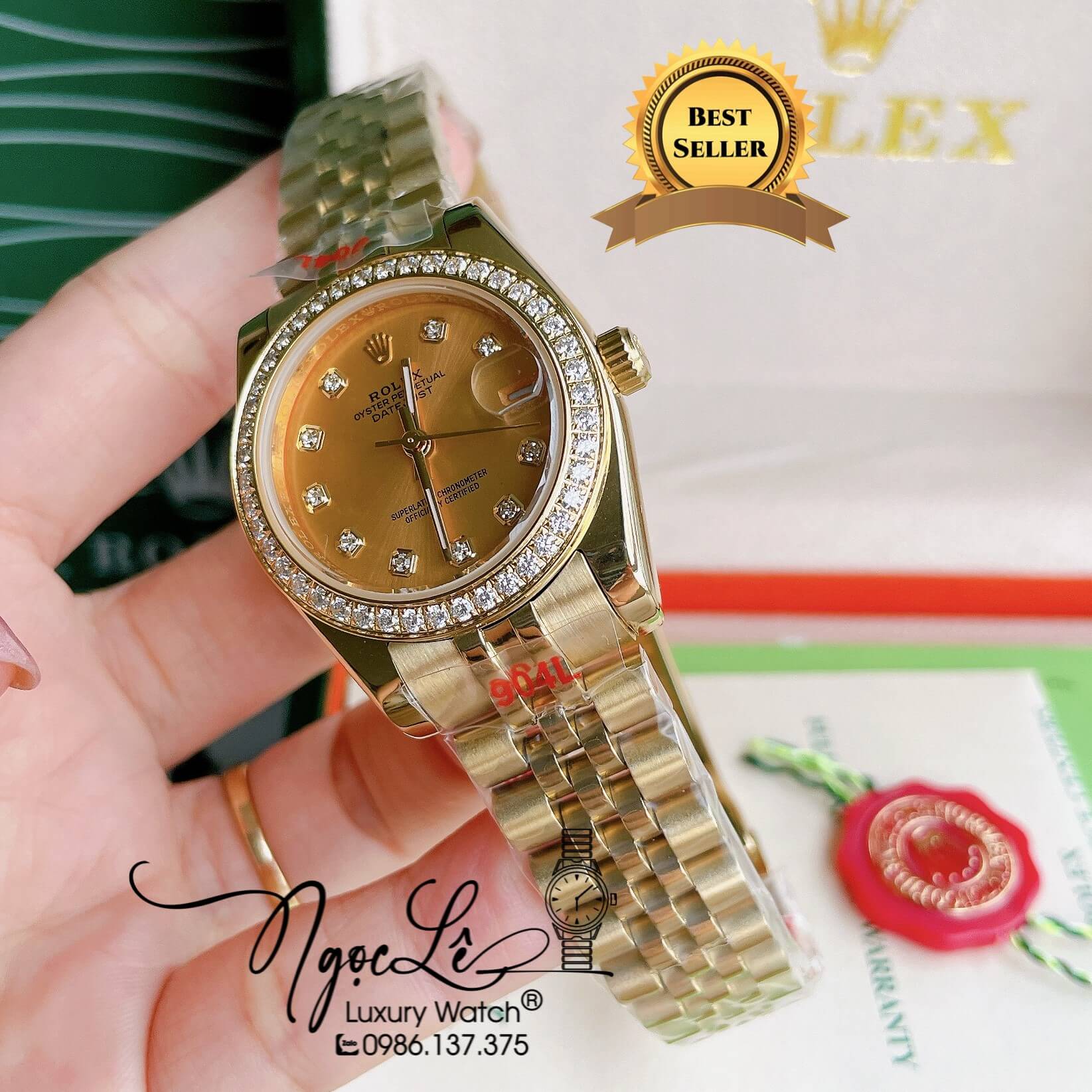 Đồng Hồ Nữ Rolex Datejust Pin Màu Vàng Mặt Vàng Đính Đá Size 32mm Full Box