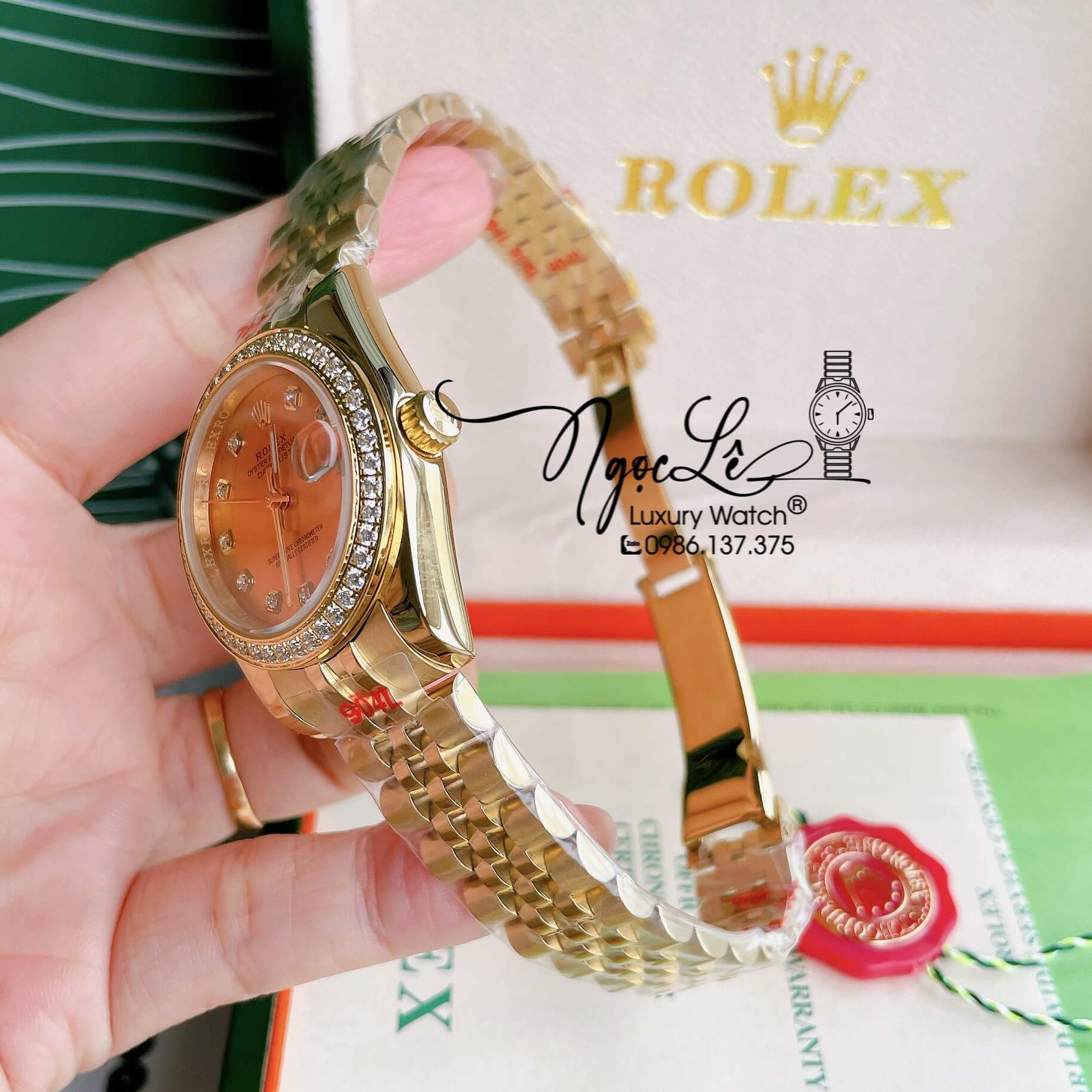 Đồng Hồ Nữ Rolex Datejust Pin Màu Vàng Mặt Vàng Đính Đá Size 32mm Full Box
