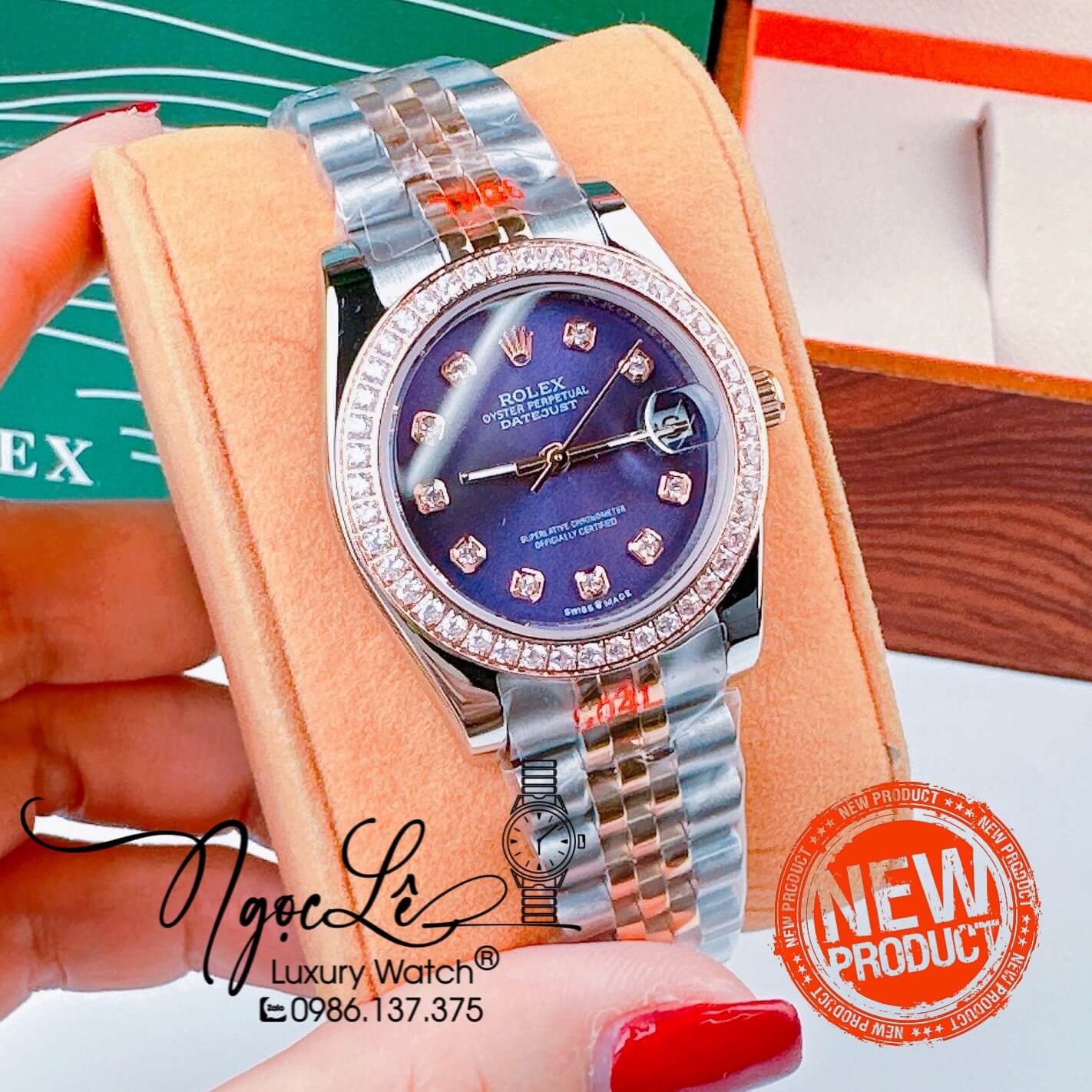 Đồng Hồ Nữ Rolex Datejust Pin Màu Demi Rose Mặt Tím Đính Đá Size 32mm