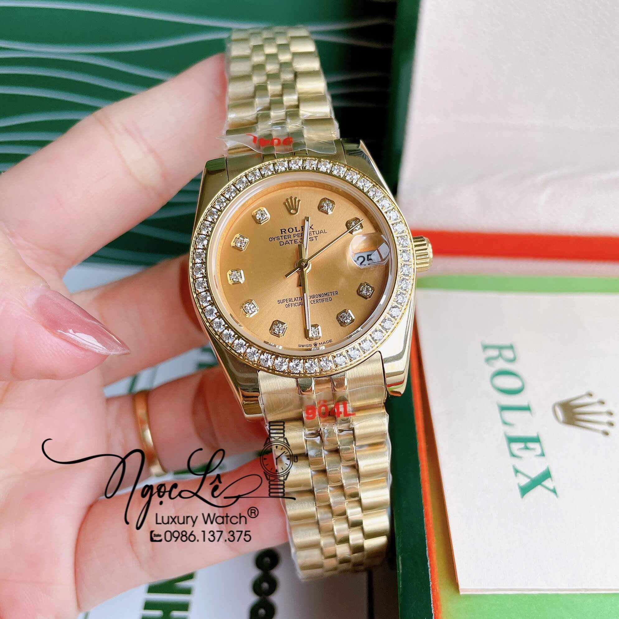 Đồng Hồ Nữ Rolex Datejust Pin Màu Vàng Mặt Vàng Đính Đá Size 32mm Full Box