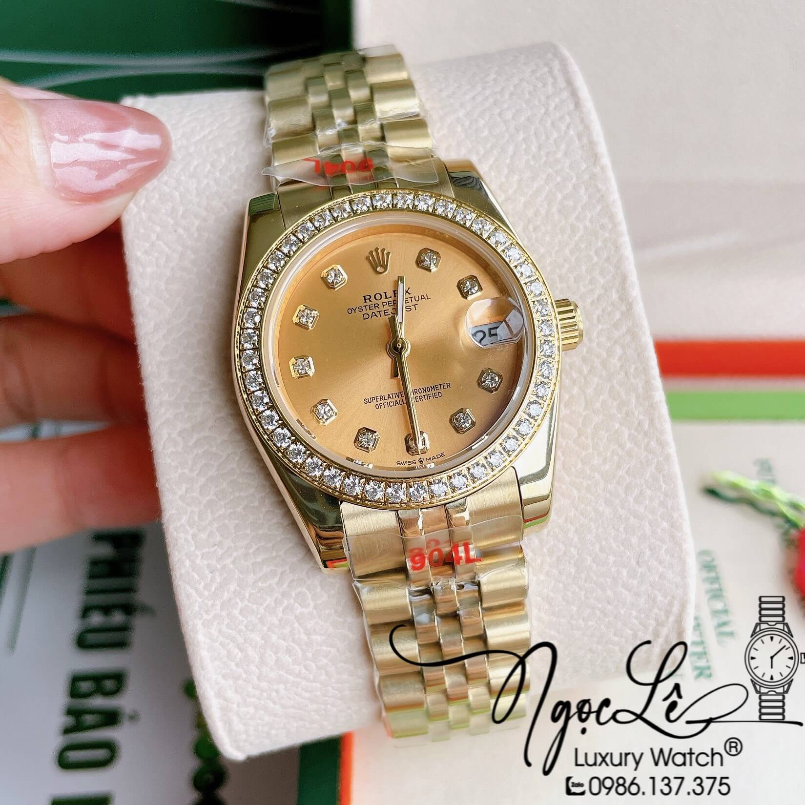 Đồng Hồ Nữ Rolex Datejust Pin Màu Vàng Mặt Vàng Đính Đá Size 32mm Full Box